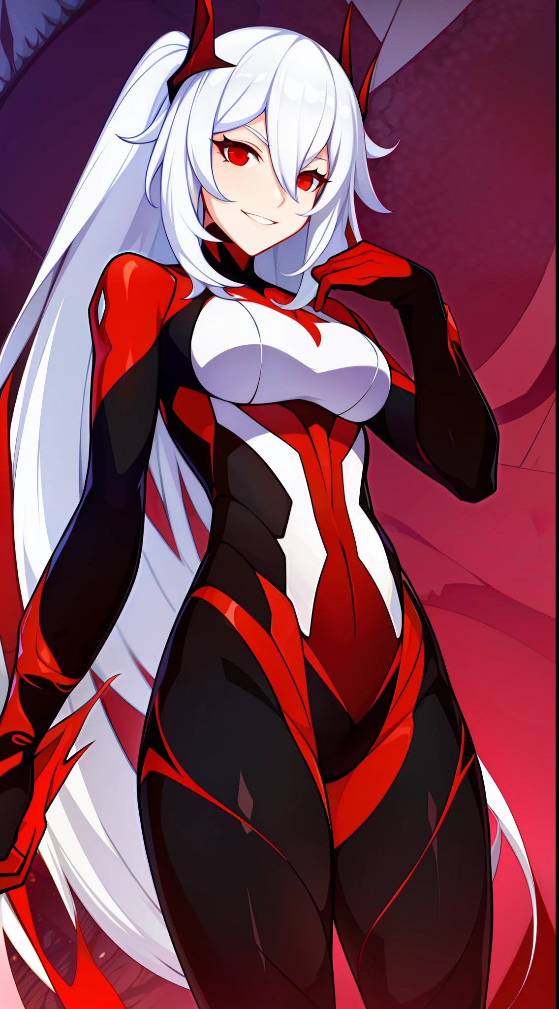 young girl, Long white hair, red-eyes, Bio-organic suit, symbiote, Carnage, smirk, Masterpiece, hiquality