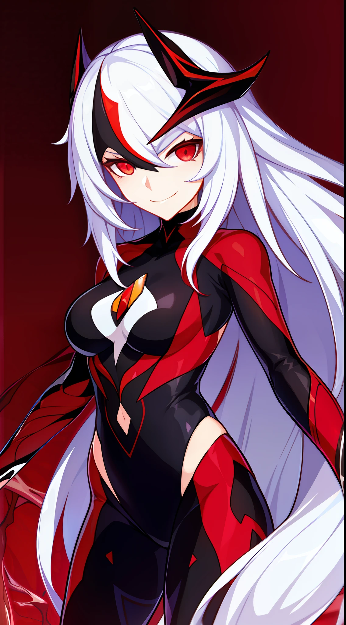 young girl, Long white hair, red-eyes, Bio-organic suit, symbiote, Carnage, smirk, Masterpiece, hiquality