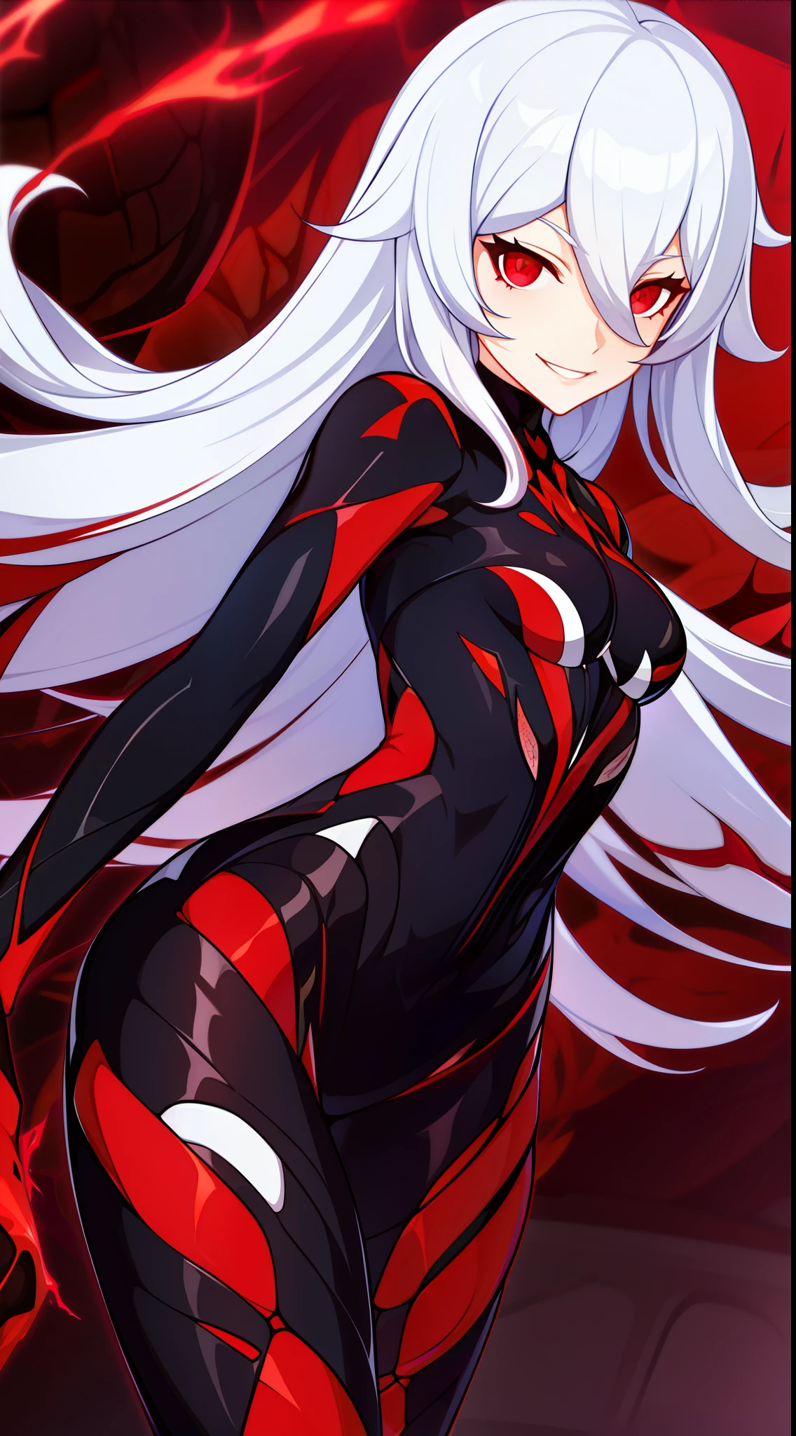 young girl, Long white hair, red-eyes, Bio-organic suit, symbiote, Carnage, smirk, Masterpiece, hiquality