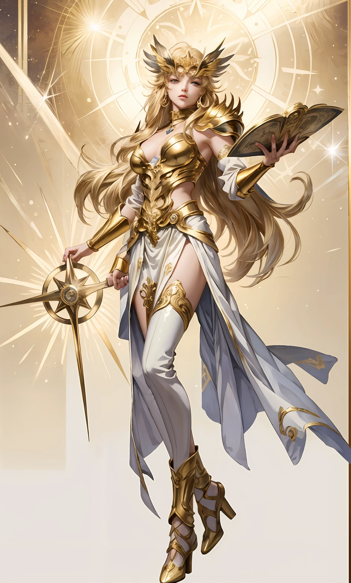 A painting of a girl with long blonde hair, golden rays,clean anime outlines,constellation,Astrolabe,anime woman fullbody art, goddes, Raised sexy,From Saint Seiya Athena,Studio light source,Virgo background