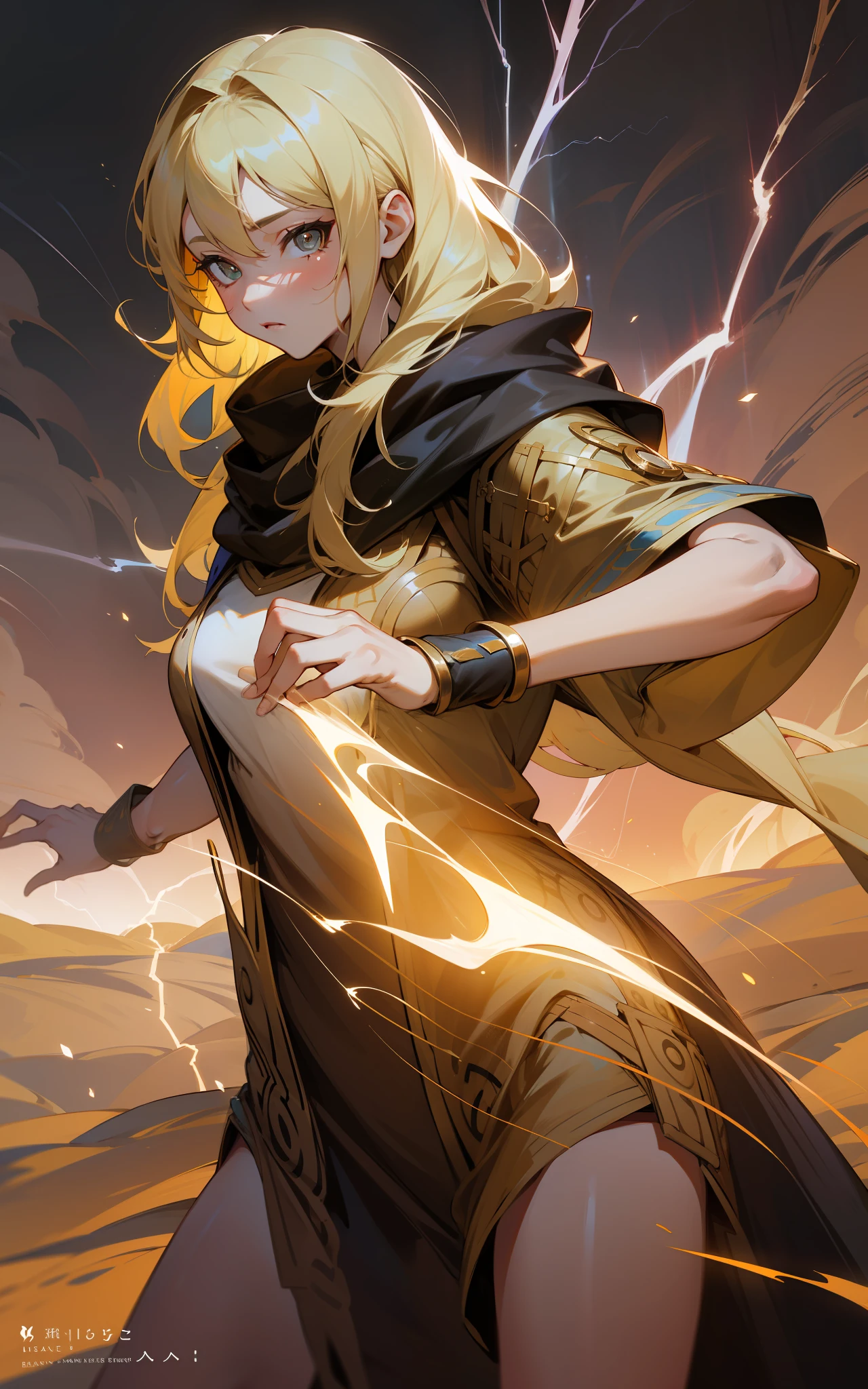top-quality、hight resolution、detaileds, Desert People、Beautiful girl in underwear and cloak、de pele branca、Fantasy worldview、Blonde long hair、Sauce order、Desert Oasis、Control lightning magic、Take a battle pose、
