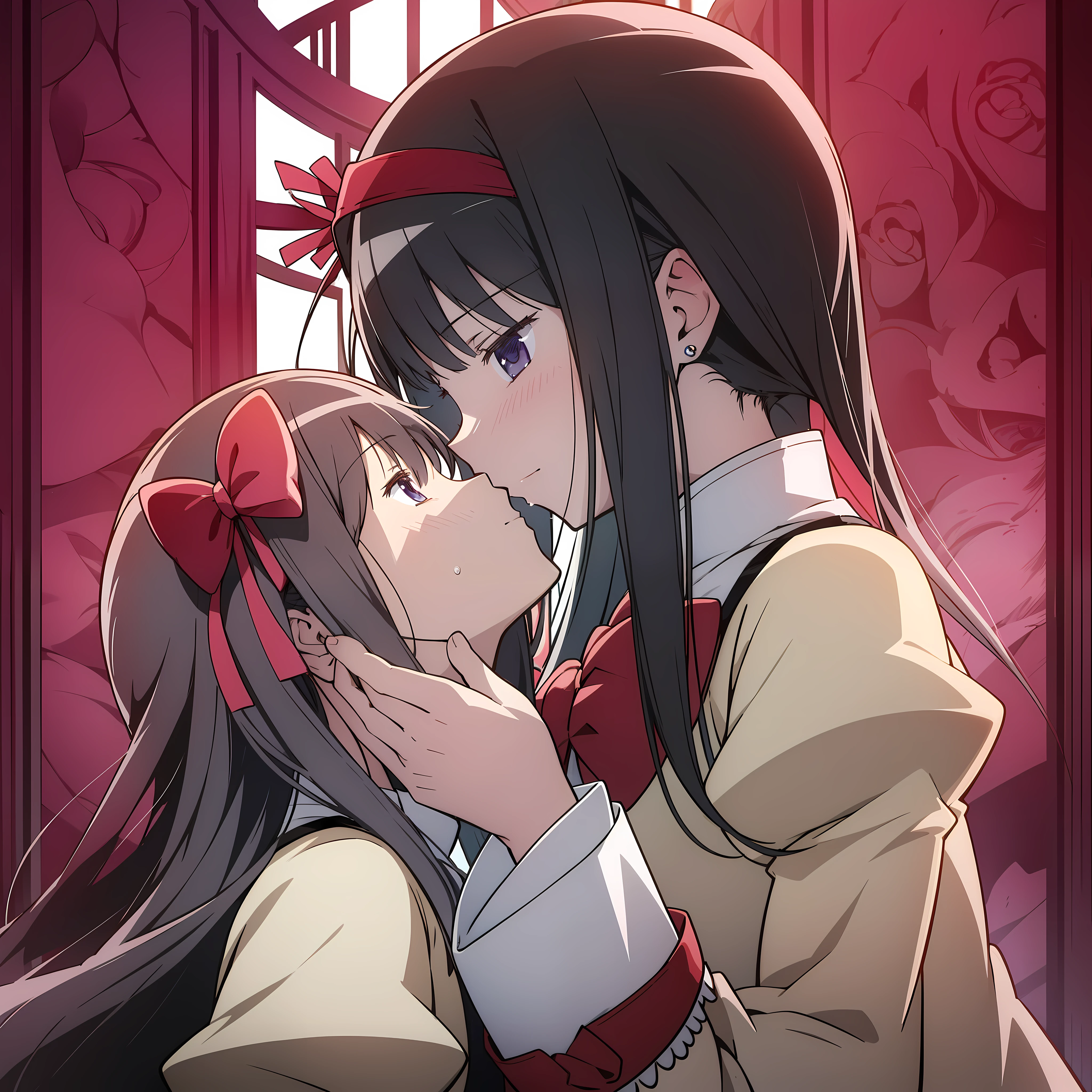 "Homura Akemi and Madoka Kaname passionately kissing, showcasing intense emotions and deep love between the two, creating a beautiful and powerful moment. 2girls."