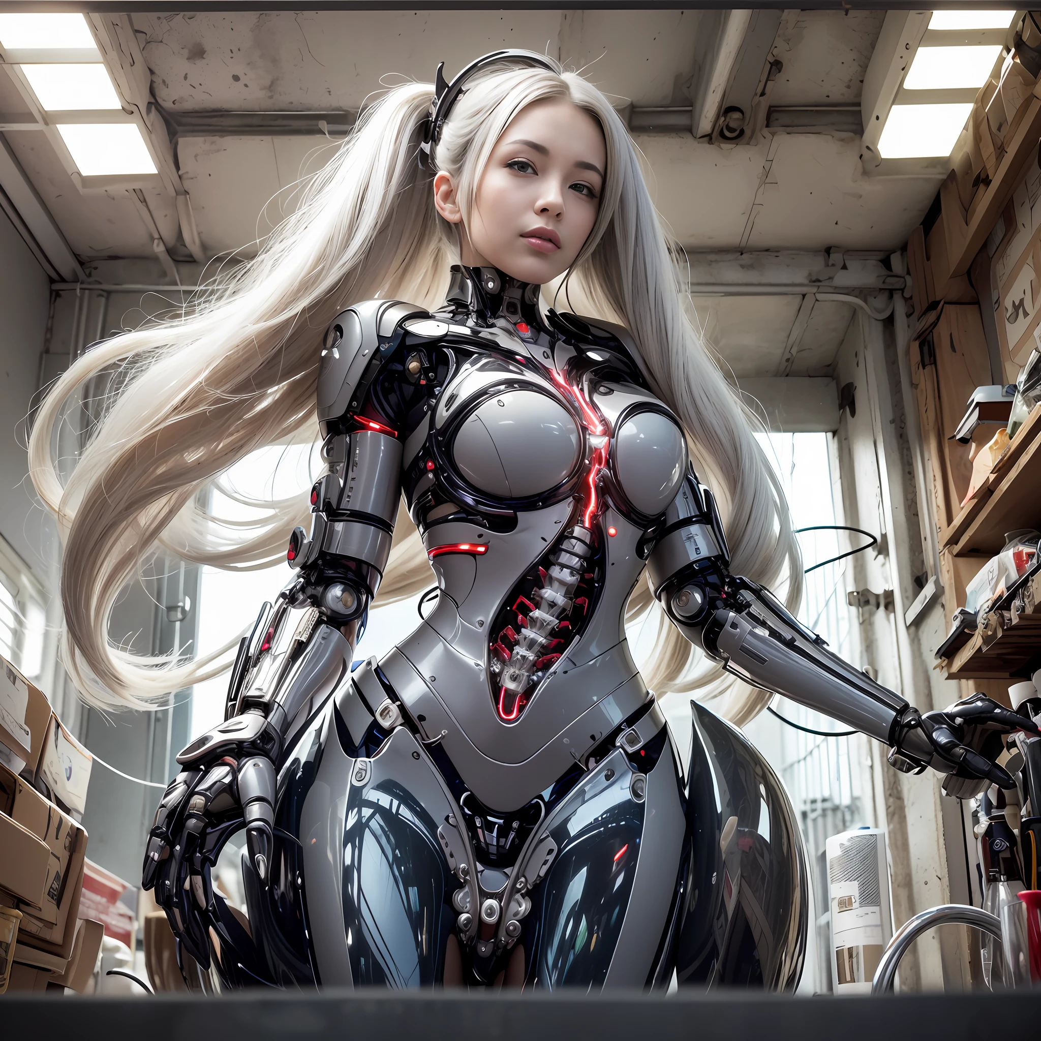 Beautiful Face,face is Japan, 1 Woman, Big, Curvaceous, (16k, RAW photo, top quality, masterpiece: 1.2), (HDR, Realistic, Photorealistic: 1.37) (tube attached to the body), (Bikini Cyborg robot parts)))), (light gray hair), Long hair, Wavy hair, Twin tails, Medium shot, ( Seductive smile)), (black eyes), double eyelids, princess cut, from below, (whole body),posing,,in the lab,( tube connected to blood vessel),((mechanical vertebrae attached to the back)),((mechanical neck attached to the neck)),(wire and cable attached to head and body),(character focus),science fiction,perfect female figure,perfect anatomy, hyperanatomy, full body shot, relationship between up to 4 fingers and 1 thumb, spherical joint,