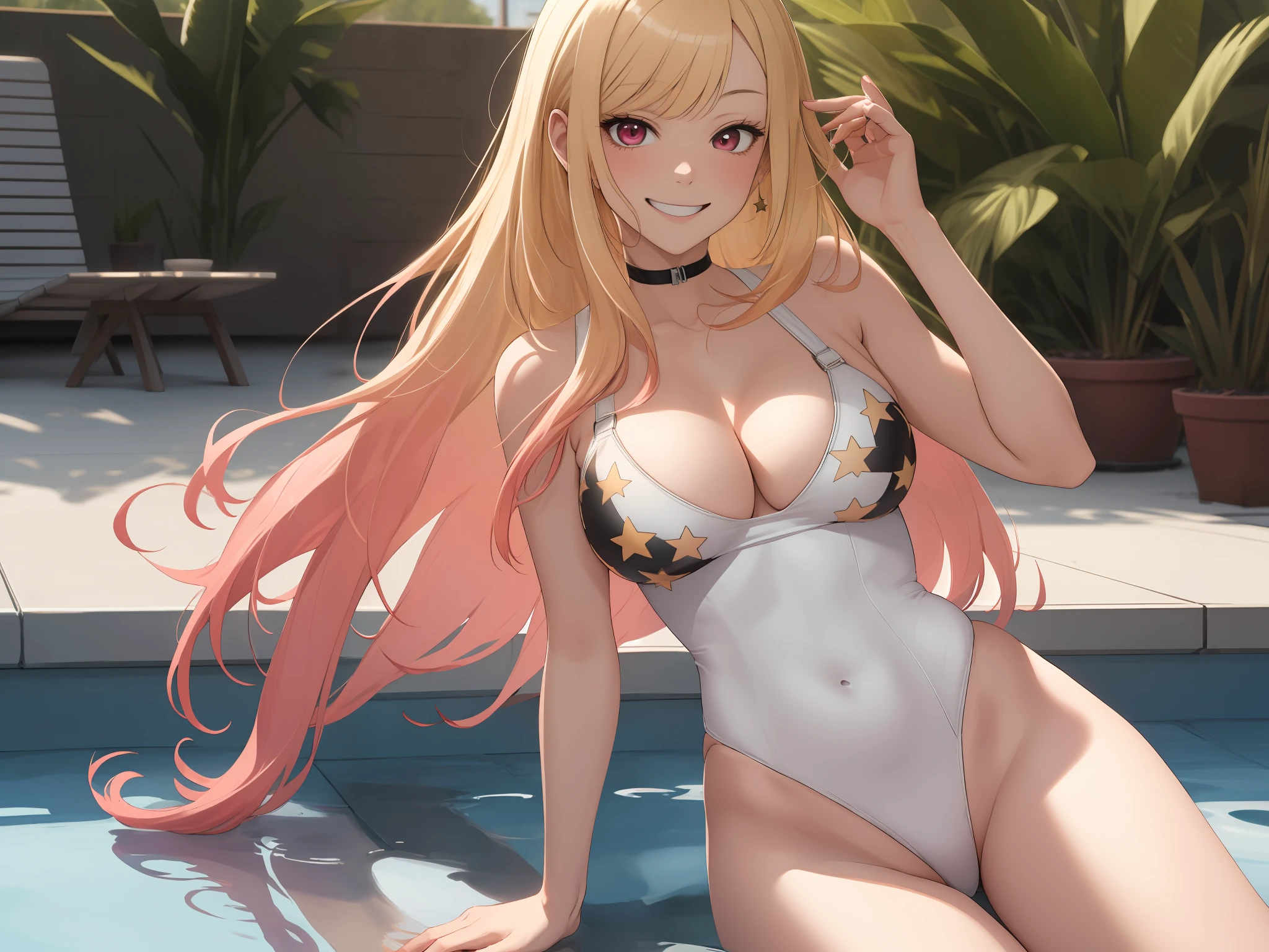 masutepiece, 1womanl, ((Solo)), of the highest quality, Hi-Res, cleavage, ((Star print one-piece white swimsuit)), Large breasts, Red Eyes, blond hair , in poolside, light smile