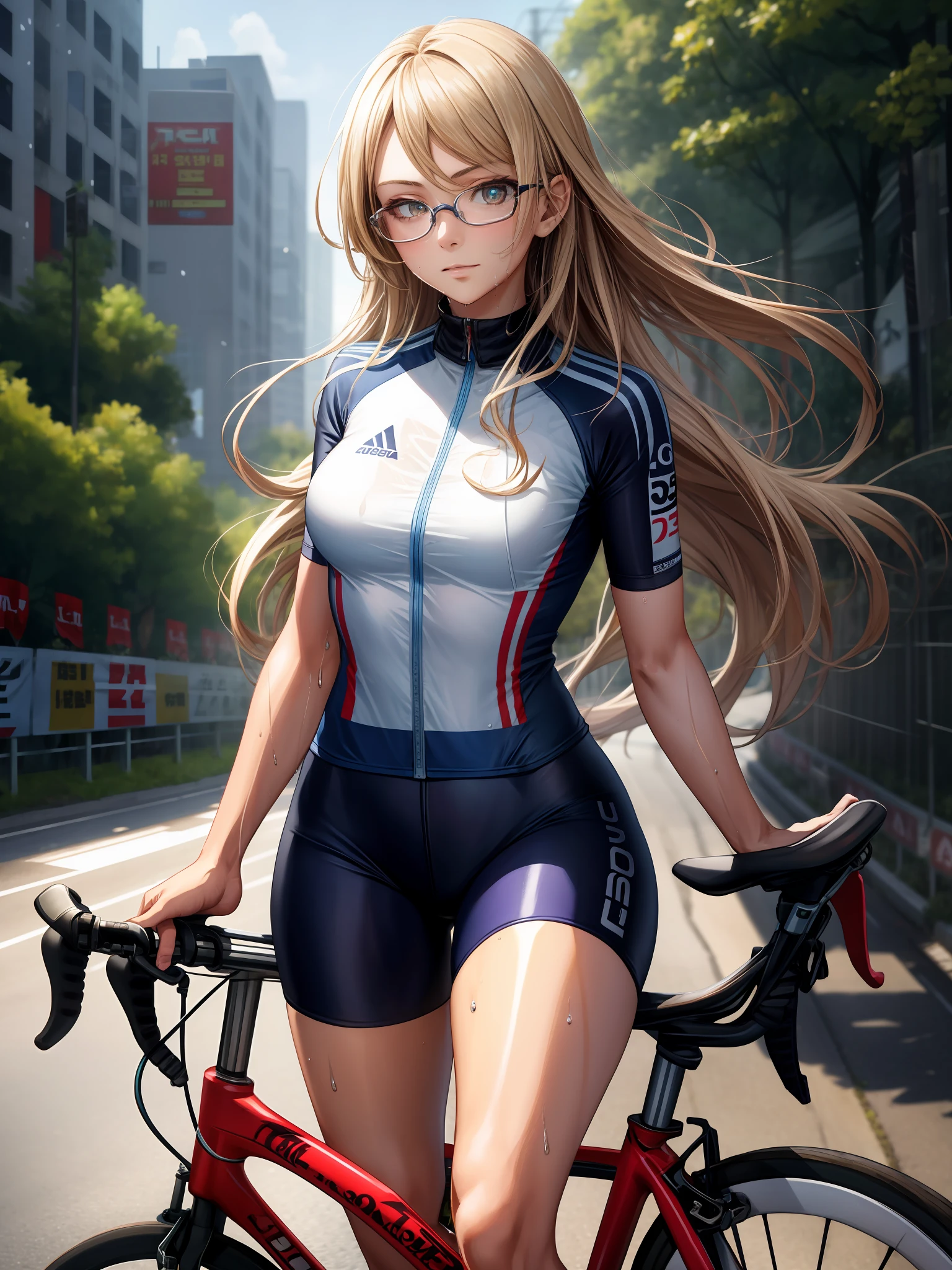 ,((masutepiece)),((High resolution)), Dramatic Lighting,  Sharp Focus,  16k UHD,
Ultra-realistic illustrations,1beautiful girl,road bicycle race uniform,ride a bicycle race,Teenage girl,bicycle symmetrical large eyes,small head,long hair,glasses,large breasts,narrow waist,wet skins sweat,nice legs,road bicycle race venue,Solo,