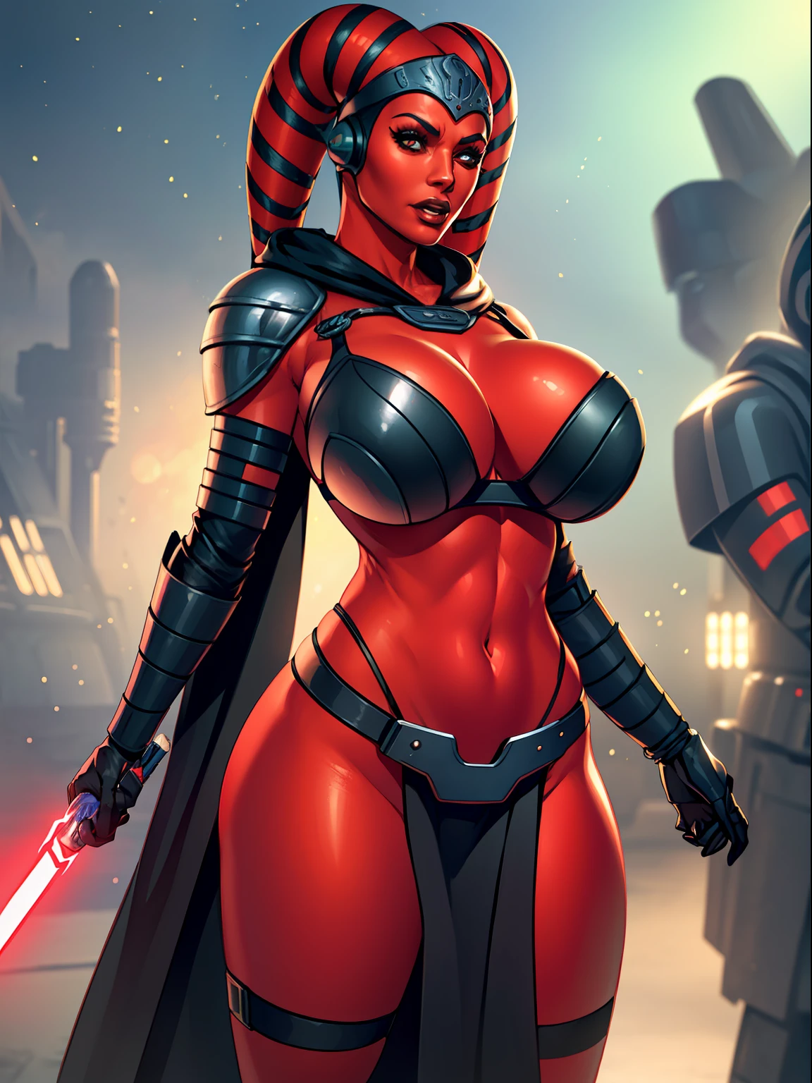 armor, busty, gigantic boobs, ((red skin), twi'lek), dual red lightsabers, evil space knight, space ninja, (wearing black robes, black stealth armor, breastplate, tunic, tabard, cowl, cloak, body glove, straps, buckles, skirts, long sleeves, fantasy, ((armor))), ((busty), slender body, thin, slim sexy body, slim waist, long legs, toned legs, ((gigantic breasts))), Imperial starship, Star Wars,