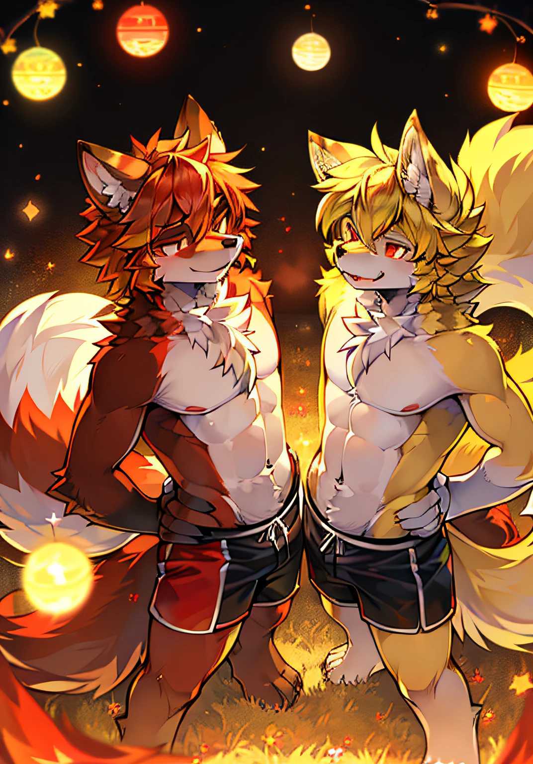 eyes with brightness, in a panoramic view, Character focus.(detailedbackground:0.7), 独奏, shaggy, shaggy male, malefocus,(Full Body Furry, Fluffy tail, Yellow fur, red color eyes, Yellow hair:1.2),(long canines),spheres,fistfighting,short detailed hair,Yellow-haired,starrysky,Yellow fur everywhere,Wolf ears,Wolf type,Big fluffy tail,tmasterpiece,High-quality portraits,shaggy, shaggy male, malefocus, eyes with brightness, in a panoramic view, Character focus,Black sports shorts,male people,Red eyes,Naked upper body,adolable