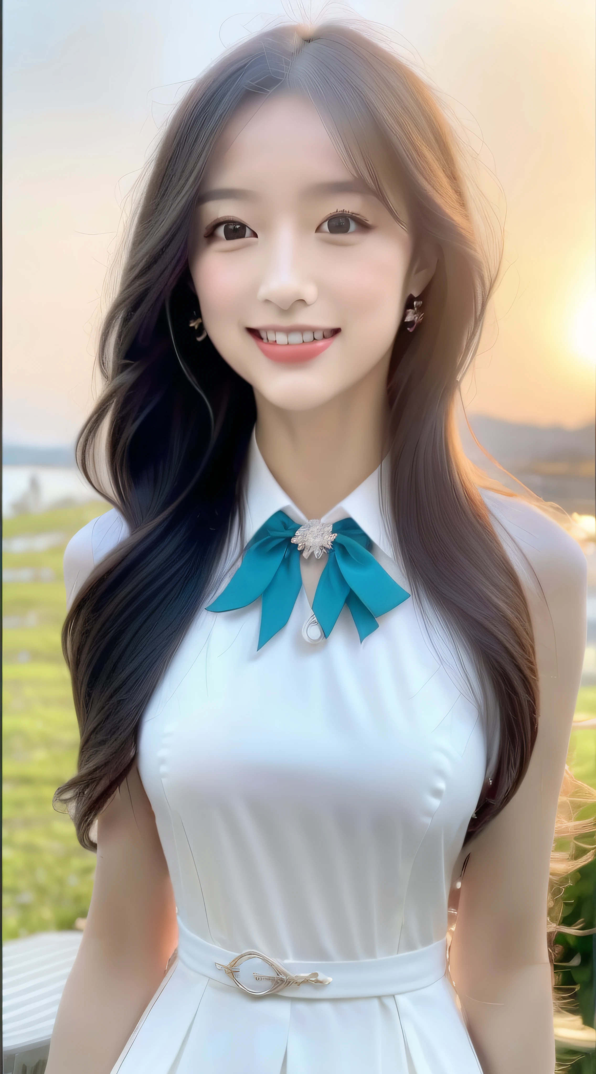 ((best qualtiy, 8K, tmasterpiece:1.3)), A pretty maiden，Pure，Round face，gentle and cute，Thin stature，[Detached sleeves::0], [capri pants::0]，Black silky straight hair，Exquisite and perfect facial features:1.2，round black big eyes，Clear big eyes，Hydrated red lips，Sweet Royal，at the lakes，with blue sky and white clouds，rays of sunshine，Idyllic background，Sweet smile， (Sandals:1.0), Flight attendant red and green professional attire:1.1, close-up all over the body:1.1,A pair of slender beautiful legs:1.0