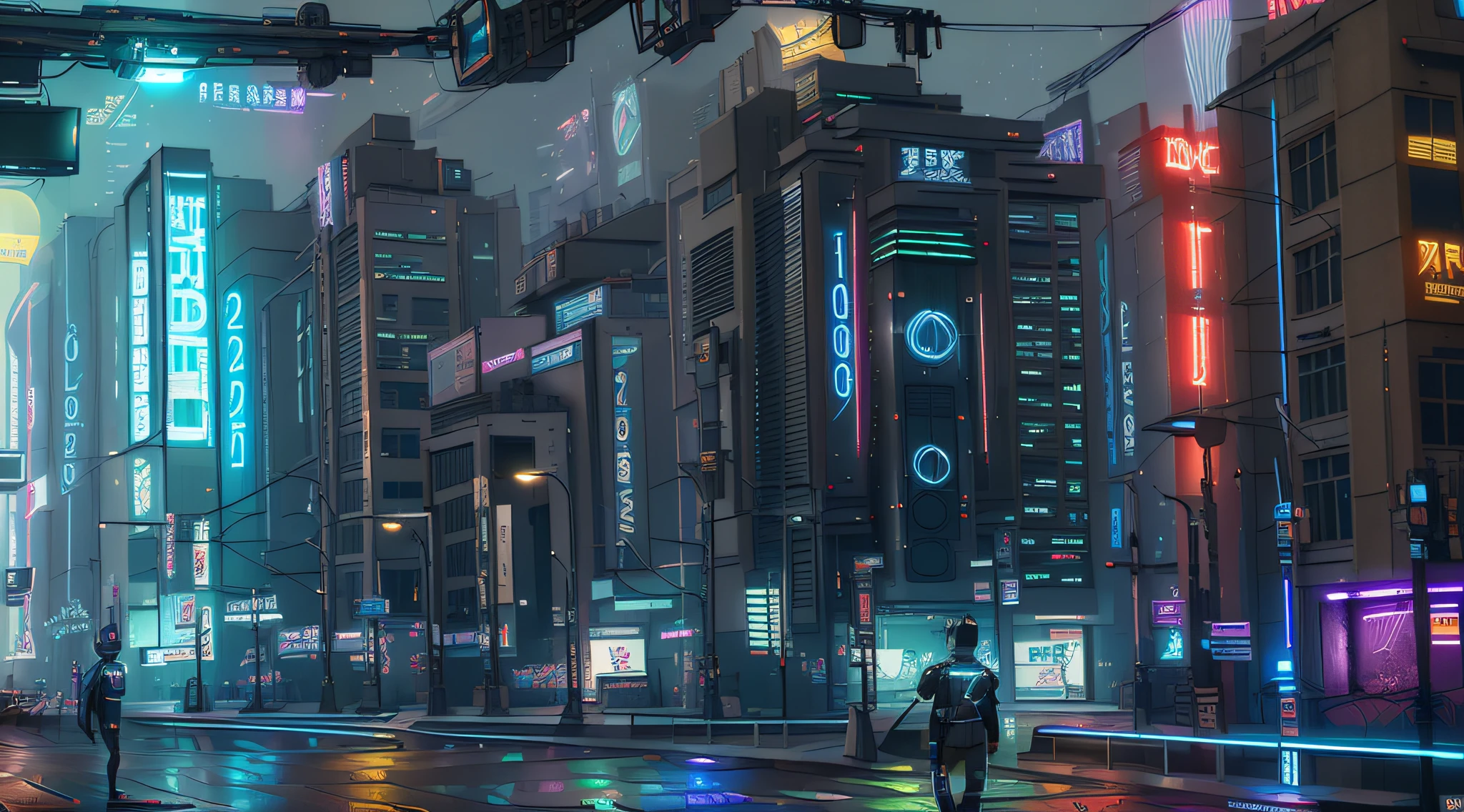 there is a robot with glowing eyes standing in a dark city, wojtek fus, death + robots series of netflix, by Ludwik Konarzewski, key art, epic sci - fi character art, epic sci-fi character art, cg art, epic scifi character art, beeple and tim hildebrandt, sci-fi digital art illustration,scifi city only black blue light blue colors, only blue colors and black, hyperealism