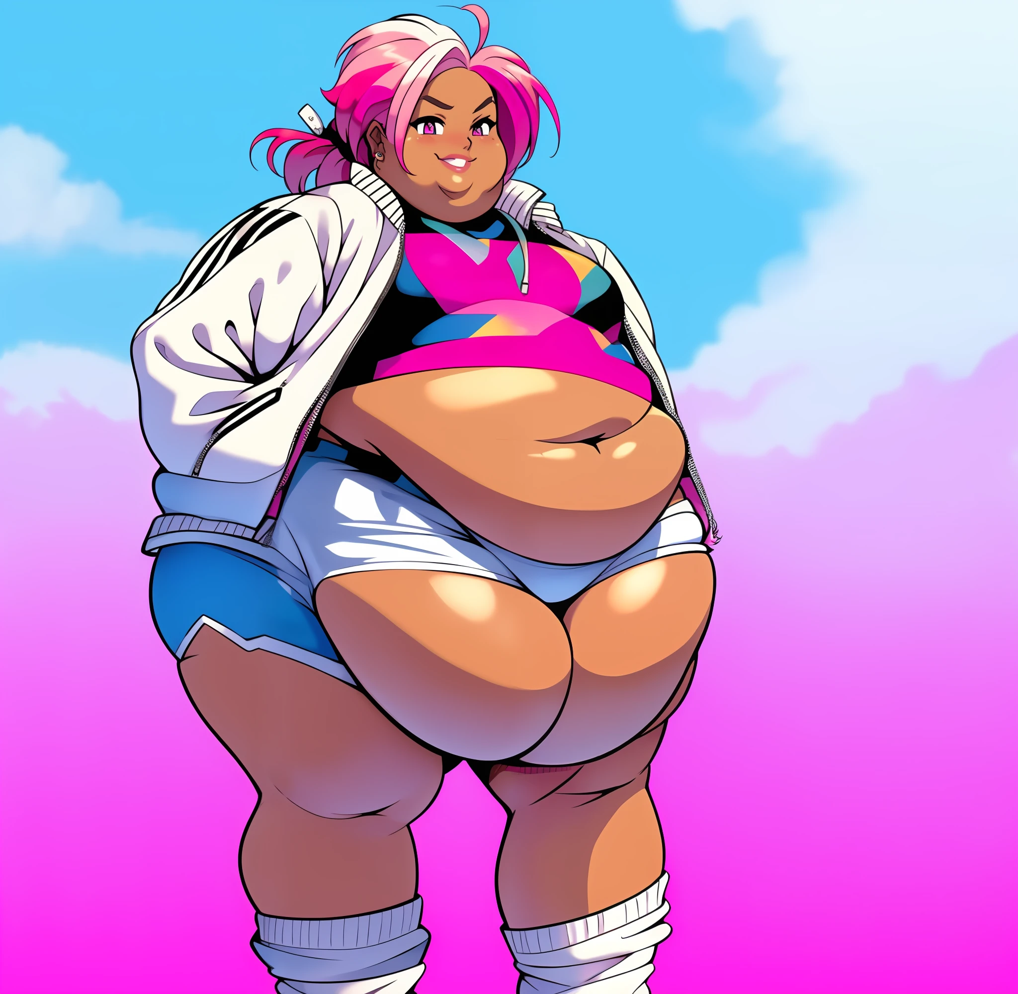 Illustration of a ((Handsome))Anime fat man with a big belly , fat man, extremely face face , (morbidly obese), ((insanely inflated hips)),(fat thighs),(( fat butt)) , big stomach, his belly is fat , background ( bedroom ), expression ( seduce, eyelids lowered, smile)((anime boy )), (((Tan skin))), ((long,white hair with pink streaks )),(( hair Styled into a Bun and braided ponytail )) , ((white half jacket,hot pink Crop top)) ((Skimpy white shorts)) , (evil aura)),((solo)) anime artstyle, anime art style, yandere((masterpiece, High aesthetic, high quality))
