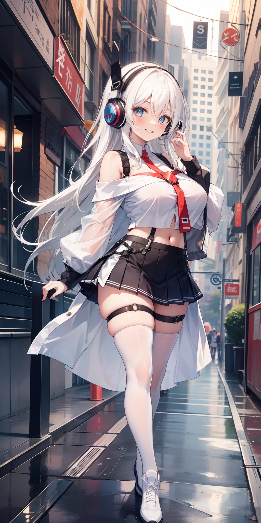 masterpiece, best quality, tall, clearire2, 1girl, Sister Cleaire, Only, long hair, open sexy clothes, white skirt, white tights, chest harness, white shirt, two sides up, bangs, crop top, miniskirt, Shoes, futuristic white headphones, (thick legs), (big thigh), O-Ring, midriff, white hair, different color eyes, off shoulder, big breasts, thigh strap, white pleated skirt, eye braces , perfect eyes, white shirt, street, mouth, smiling, ((teeth showing)), (perfect teeth), standing