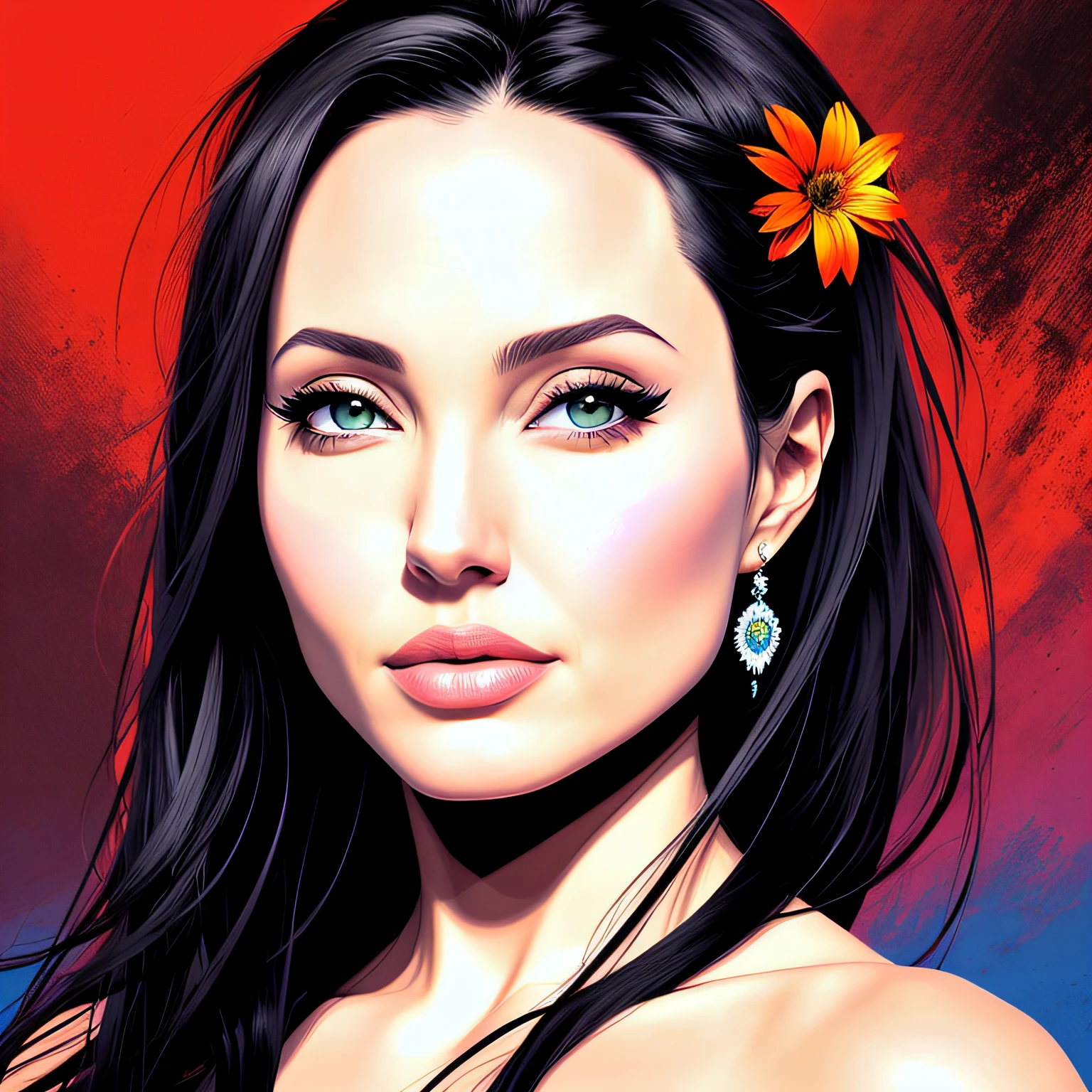 design redondo, fundo preto, 2D vetor, arte centralizada, tema floral, cores vividas, rosto de Angelina Jolie,OLHOS AZUIS, rosto realista, detalhes intrincados, pele sedosa, olhos vibrantes, lighting by REMBRADT, Adobe Illustration, Trand on Artstation, 8K, hd, arte magnifica, obra-prima, por Rafael Albuquerque, Yoshitaka Amano, --no camiseta, mockup, -