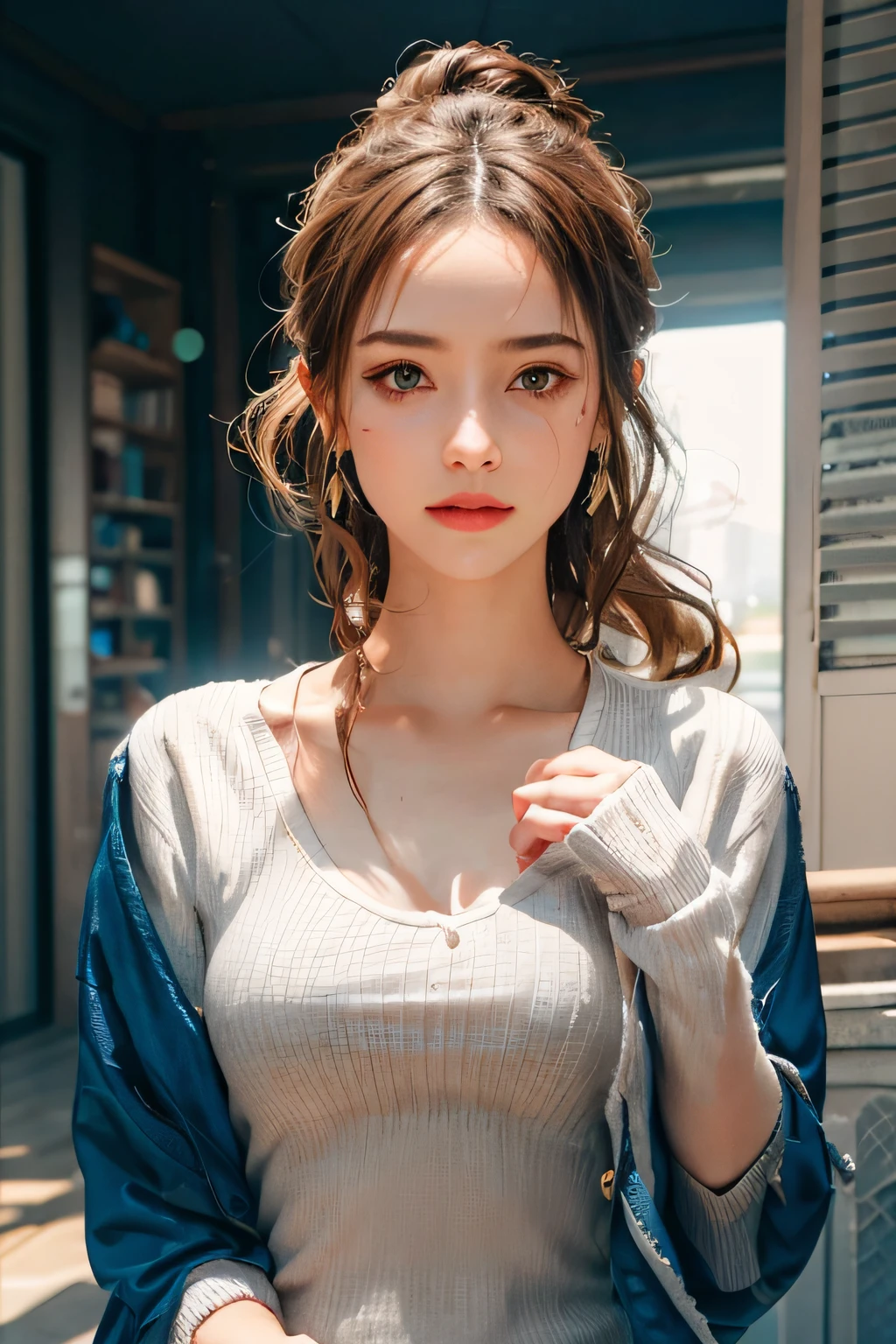 best qualtiy,tmasterpiece,超高分辨率,(realisticlying:1.4),RAW photogr,beautiful photograph (N4T3 mm:0.99), A 20-year-old woman, Small and beautiful, standing on your feet,cabellos largos dorados, 耳Nipple Ring,Issuing,Light arm,Coffee-colored jacket,Dark blue slip dress,Solid color panties,Bare legged,long leges,high-heels,Big wind,In the daytime, beachside, (Masterpiece:1.2) (Photorealistic:1.2) (Bokeh) (Best quality) (Detailed skin:1.2) (Intricate details) (In the daytime) (8K) (hdr) (Cinematic lighting) (Sharp focus), (Looking at the camera:1.1), ((closeup portrait:1.2)), (Earrings)