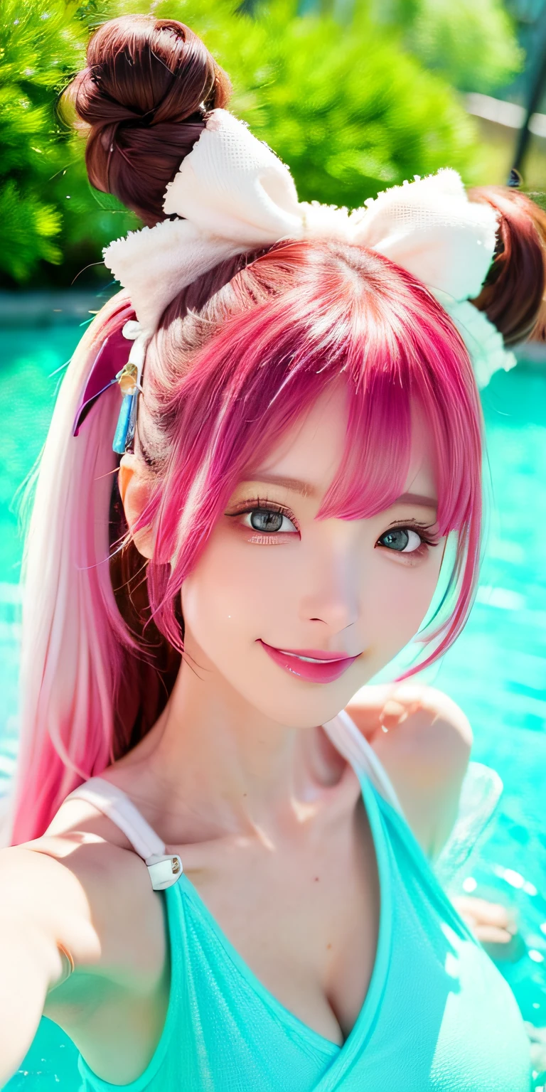 (8k, 4k, best quality, highres:1.2), (maasterpiece, realistic, photo realistic:1.37), 1girl, solo, beautiful face, eyelashes, nose, glossy lips, (detailed eyes, looking at viewer, fair skin, white skin:1.5), fine complexion, upper body,
large breasts, busty,,,
outdoor onsen,
two side up, absurdly long hair, blonde hair, pink hair, bangs, hair ornament, bow,
younger, aged down,