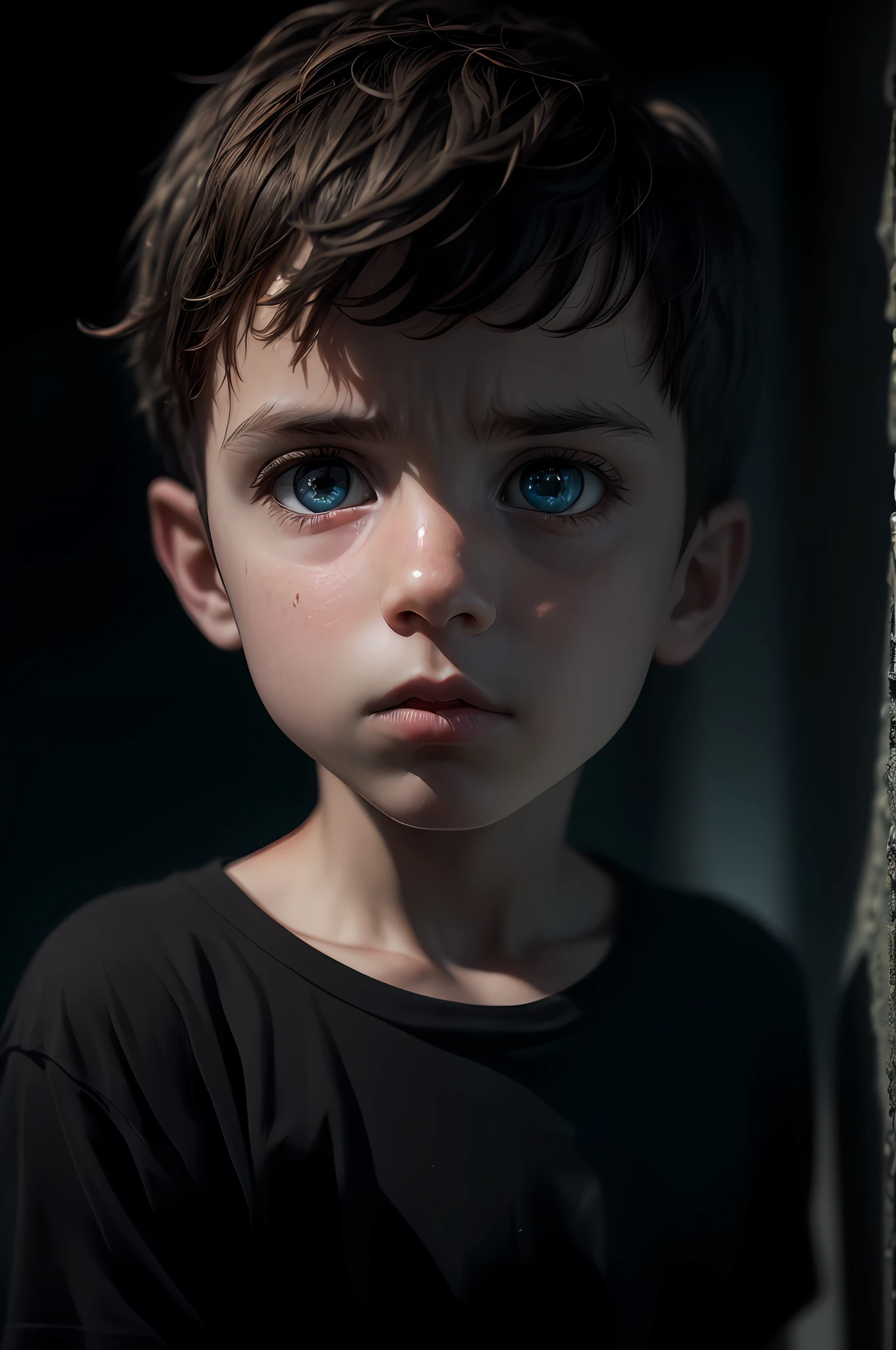 (sharp focus:1.2), an award-winning shot of a casual boy kid, thunderstorm outside, dull backlighting, extremely detailed skin, sadness, hopelessness, bleary eyes, (deep shadows:1.1), high contrast, beautiful eyes, absurd, 8k, (high quality: 1.3), , artstation hd, concept art, detailed face and body, award winning photography, (moody lighting:1.2), depth of field , bokeh, 4K, HDR