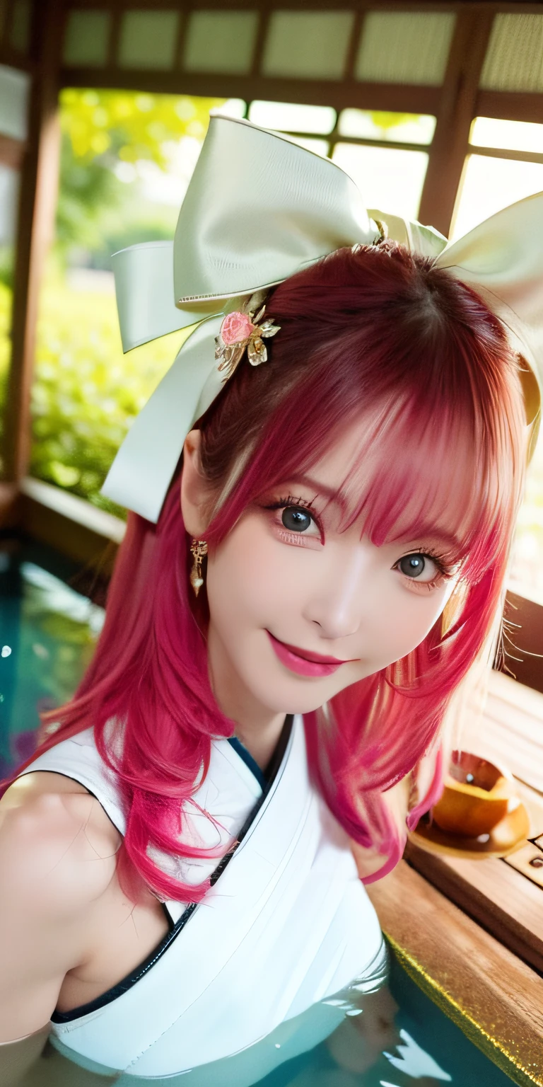 (8k, 4k, best quality, highres:1.2), (maasterpiece, realistic, photo realistic:1.37), 1girl, solo, beautiful face, eyelashes, nose, glossy lips, (detailed eyes, looking at viewer, fair skin, white skin:1.5), fine complexion, upper body,
large breasts, busty,,,
outdoor onsen,
two side up, absurdly long hair, blonde hair, pink hair, bangs, hair ornament, bow,
younger, aged down,