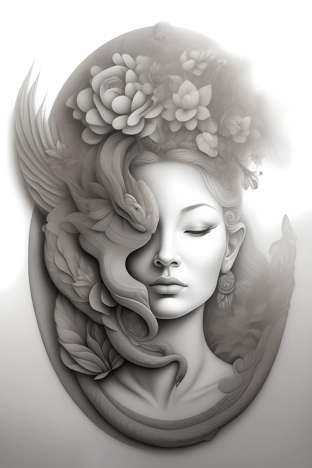a drawing,A woman has a snake and a flower in her hair, Intricate portrait design, intricate portrait, intricate detailed face, Complex ink paintings, intricate drawing, Intricate face, Intricate Greg Rutkovsky, surrealism painting, Detailed drawing, intricate detail drawing, super intricate realism, Intricate charcoal illustration, Thomas Villatte is intricate, Obras de arte intrincadas, Surreal + Highly detailed --auto