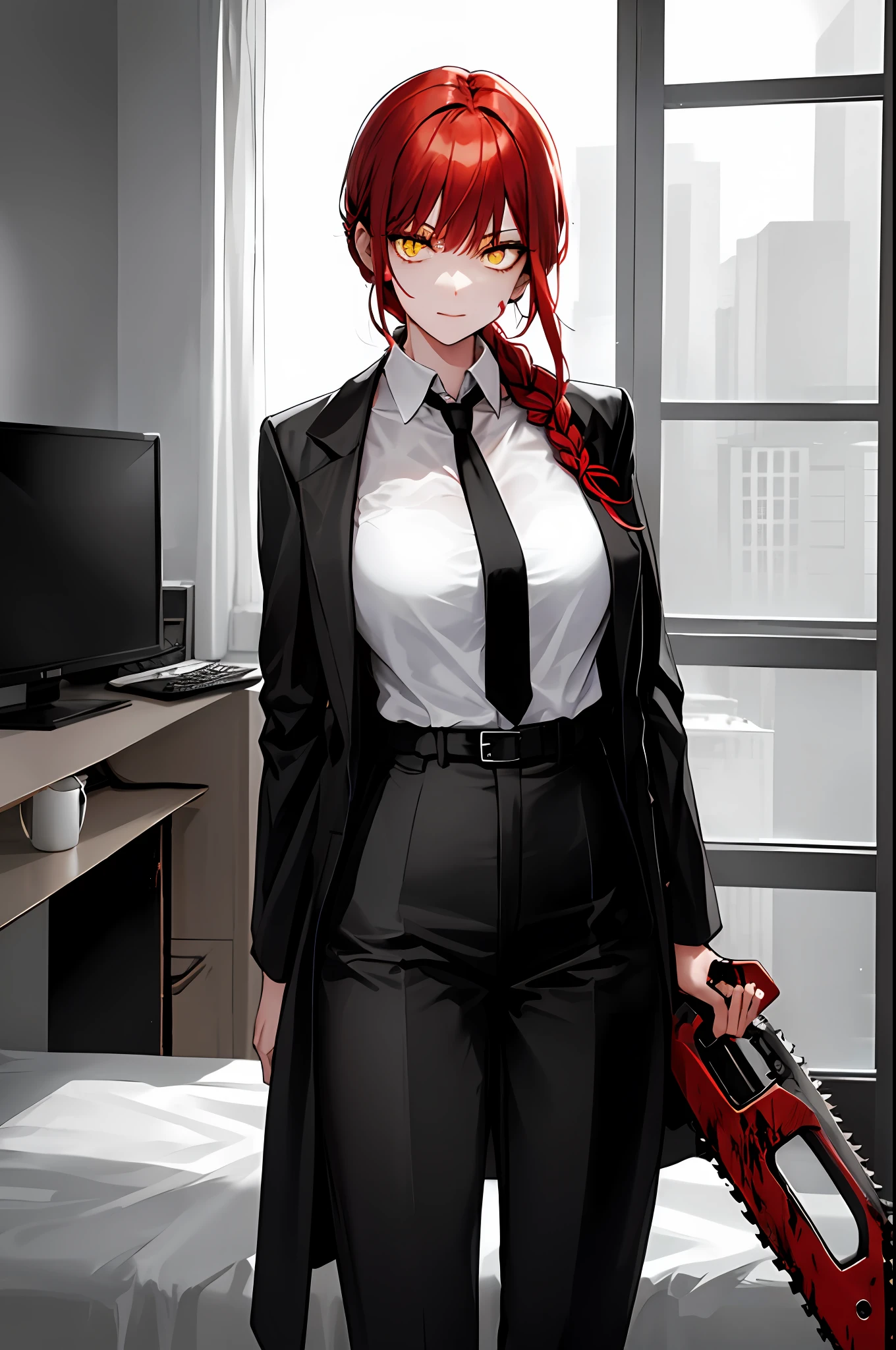 makima \(chainsaw man\), 1girl, bangs, black coat, black necktie, black pants, blood, blood in hair, blood on clothes, blood on face, braid, braided ponytail, business suit, chainsaw man, coat, collared shirt, formal, high-waist pants, highres, indoors, looking at viewer, necktie, office lady, pants, red hair, shirt, shirt tucked in, solo, suit, yellow eyes