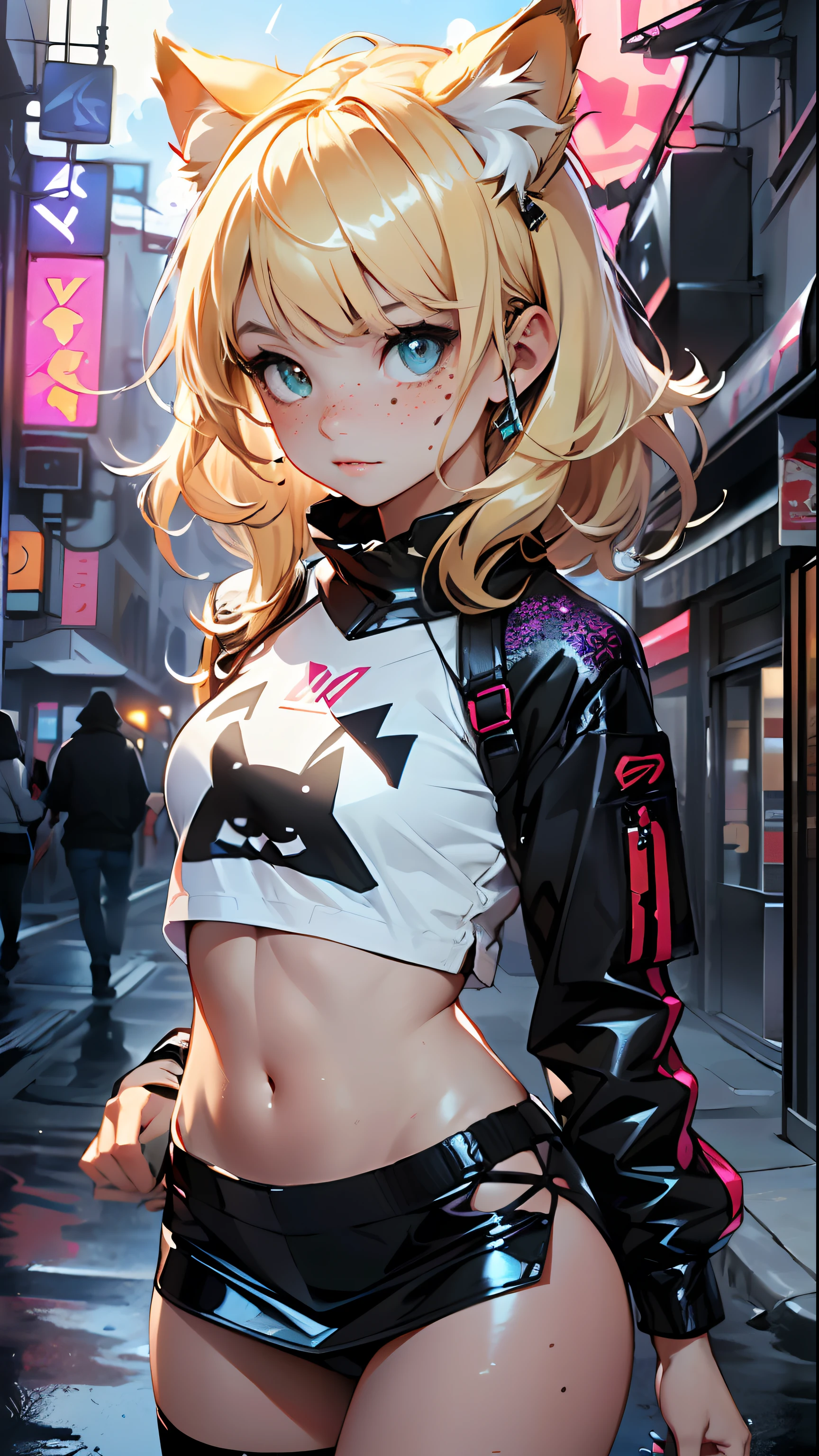 cute little cat loli,(((little loli, small tiny body, petite))), (((6 years old))),((anime little cat loli with extremely cute and beautiful blonde hair walking down the street)),(((cat girl,anthro furry cute,cat-girl))),(((cat ears,cat ears on head,big cat ears))),
(((flat chest))), (((blonde hair:1.35,messy blonde hair,colored inner hair,ear breathing,))),((heterochromia, eye1 yellow, eye2 orange, perfect eyes, upturned eyes:1.3, beautiful detailed eyes, finely detailed beautiful eyes:1, big highlight on eyes:1.2, slanted eyes)), (((freckles on the face, freckles,freckled girl))),(((lustrous skin:1.5,bright skin: 1.5,skin tanned,shiny skin,very shiny skin,shiny body,plastic glitter skin,exaggerated shiny skin))),(delicate detailed fingers,detailed body,detailed arms,human hands, detailed hands),
cute,slutty,,erotic,nsfw,
zettai ryouiki,revealing clothing,show skin,((rave shirt, fluorescent colored shirt, rave mini-skirt,visible thong straps)),(wearing a rave outfit:1.3,rave clothes,semi-naked,with little clothing,),(detailed outfit,detailed clothes),
(dynamic pose:1.0), solo focus, embarrassed, centered, scale to fit dimensions, Rule of thirds,
outdoors, ((night view)), (cyberpunk night street Background: 1.5,dark sky,alleyway,lonely alley,thick clouds, detailed background:1.25),
(best quality), (high resolution), (sharp focus), (ultra detailed), (extremely detailed), (extremely high quality artwork), 8k_wallpaper, (extremely detailed CG 8k),(very fine 8K CG), ((hyper super ultra detailed perfect piece)), flawless, (((masterpiece))), illustration, vibrant colors, (intricate), High contrast, Selective lighting, Double exposure, HDR (High Dynamic Range), Post-processing, Background blur,