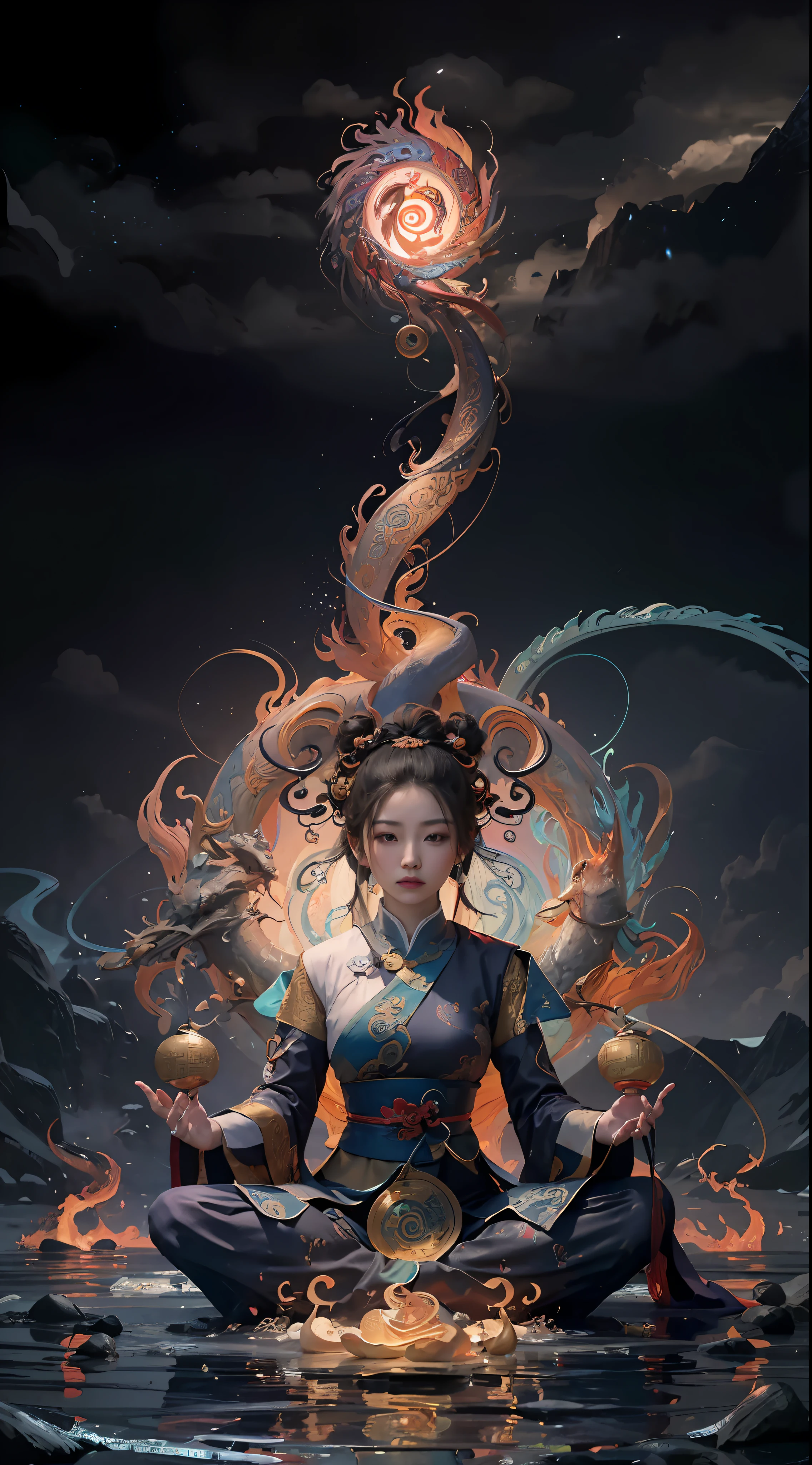 (harmony, balance, yin-yang), Chinese silk painting, Tai Chi principles, fluid motion, interconnected elements, the interplay of contrasting forces, Daoist philosophy, a touch of the I Ching, warm and cool color palette, reflective art, inspired by Laozi, Zhuangzi, Yin Yang diagrams, Taijitu, the Bagua, the fusion of the spiritual and the physical,1girl,solo, grabbing breasts,, daoist, summon magic, cinematic lighting, fire and ice split, bagua background, circular bagua, yi yang, daoist practice, mediation sit, buddha sit, spiral loong, cloud loong at the top,