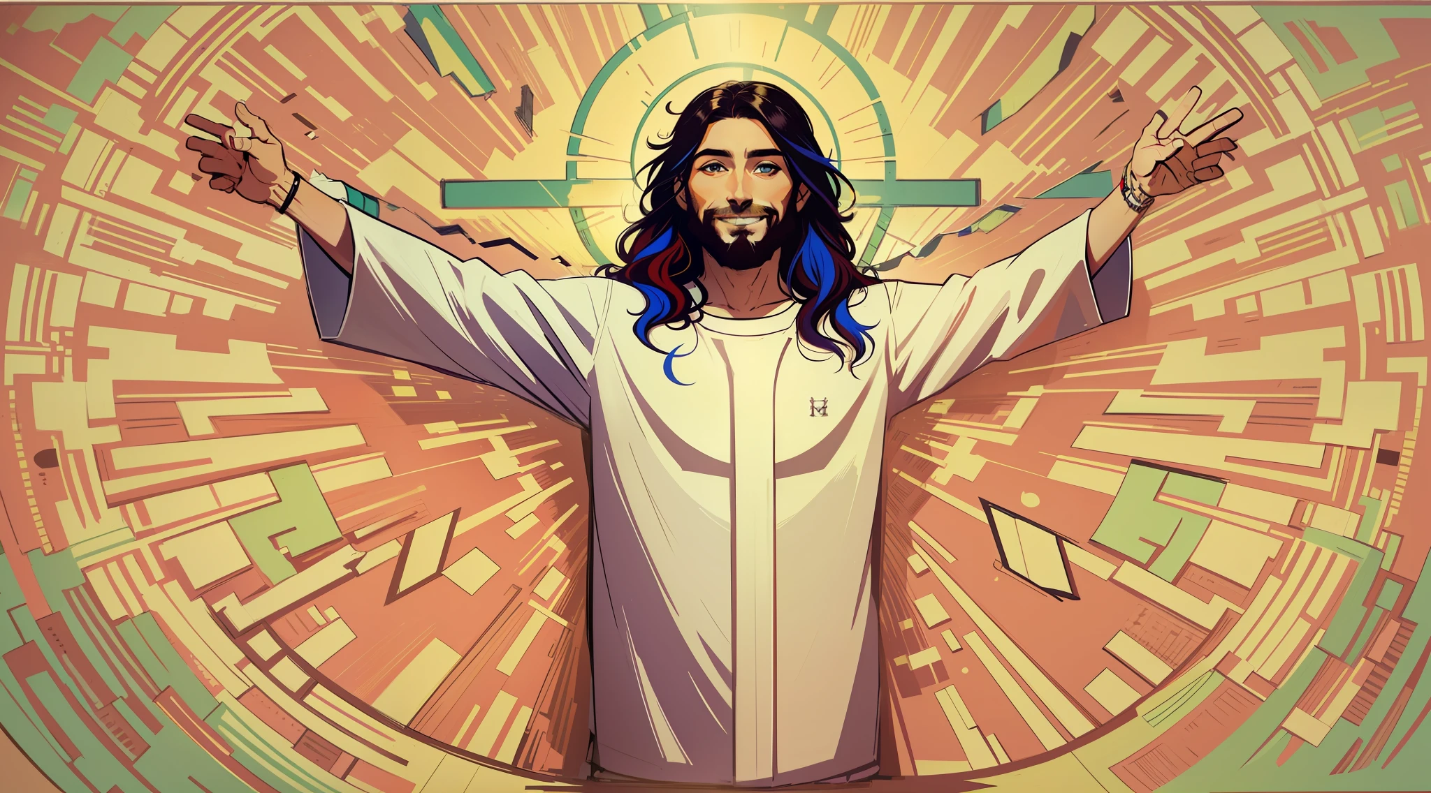 redesign Jesus by changing the color of the clothes to white and make him smile