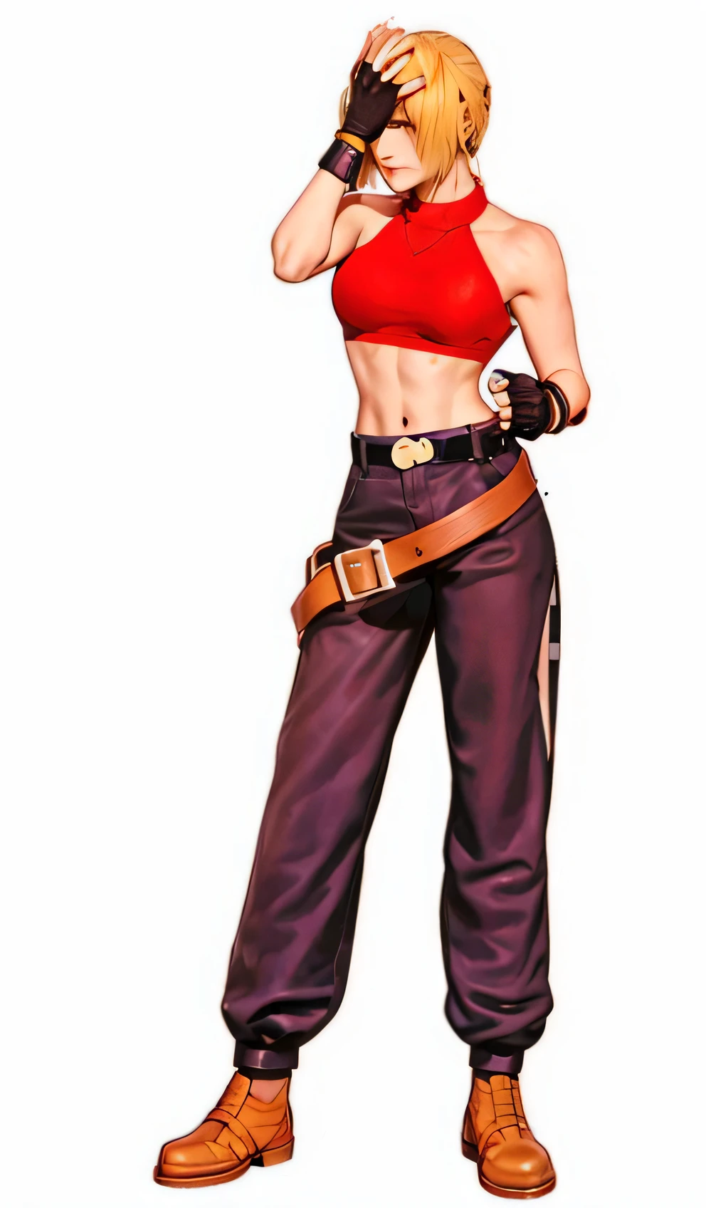 A woman in a red blouse and black pants stands with her head in her hands, 《king of fighter》role, ff Tifa, tifa lockheart, faye valentine, As a character in Tekken, Tifa Lockhart, portrait of tifa lockhart, Charming Tifa Lockheart, kate bishop, tifa lockhart portrait, looking like annie leonhart, alluring tipha lockhart portrait