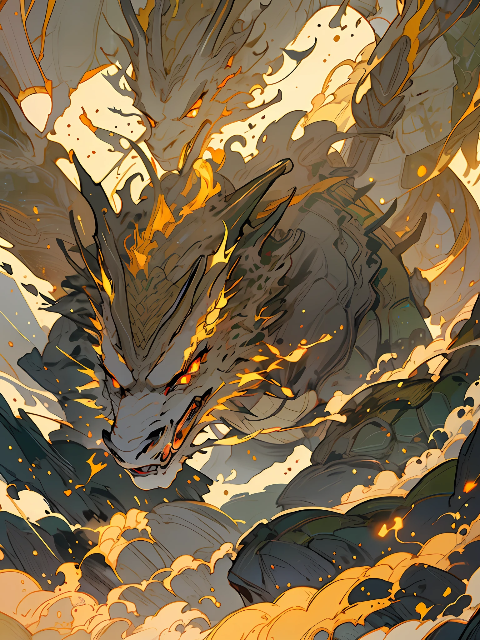 4K, HD, Ultra HD, Thunder, Ultra Detail, Glowing Eyes, (Dragon), 1 dragon, open mouth,mountain scape, sky, smoke, gold light particle, fire particle,