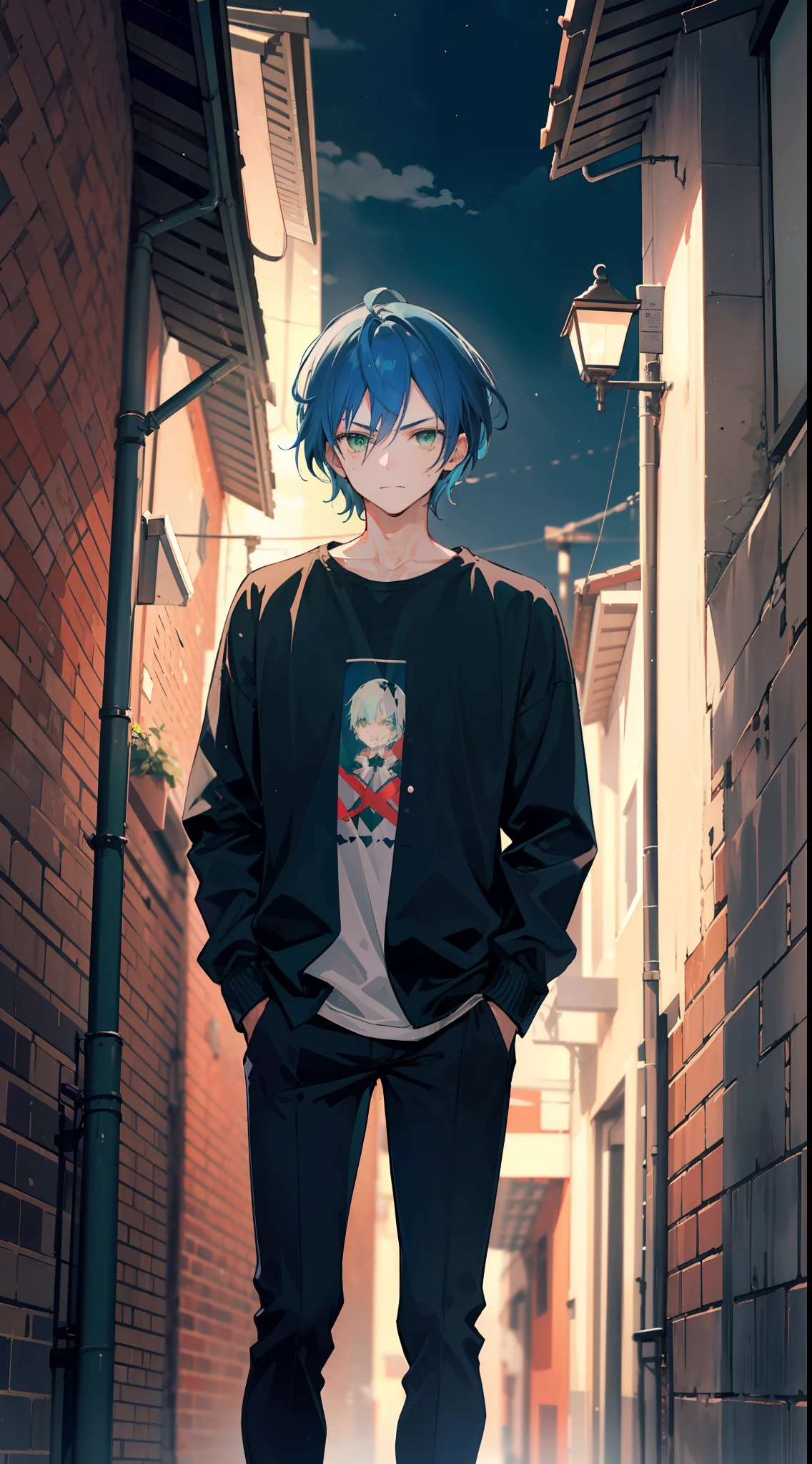 A man, blue hair and green eyes, sharp short hair, wearing a casual cloth, standing in a narrow alley alone, night, badass, mascular, his face is dark