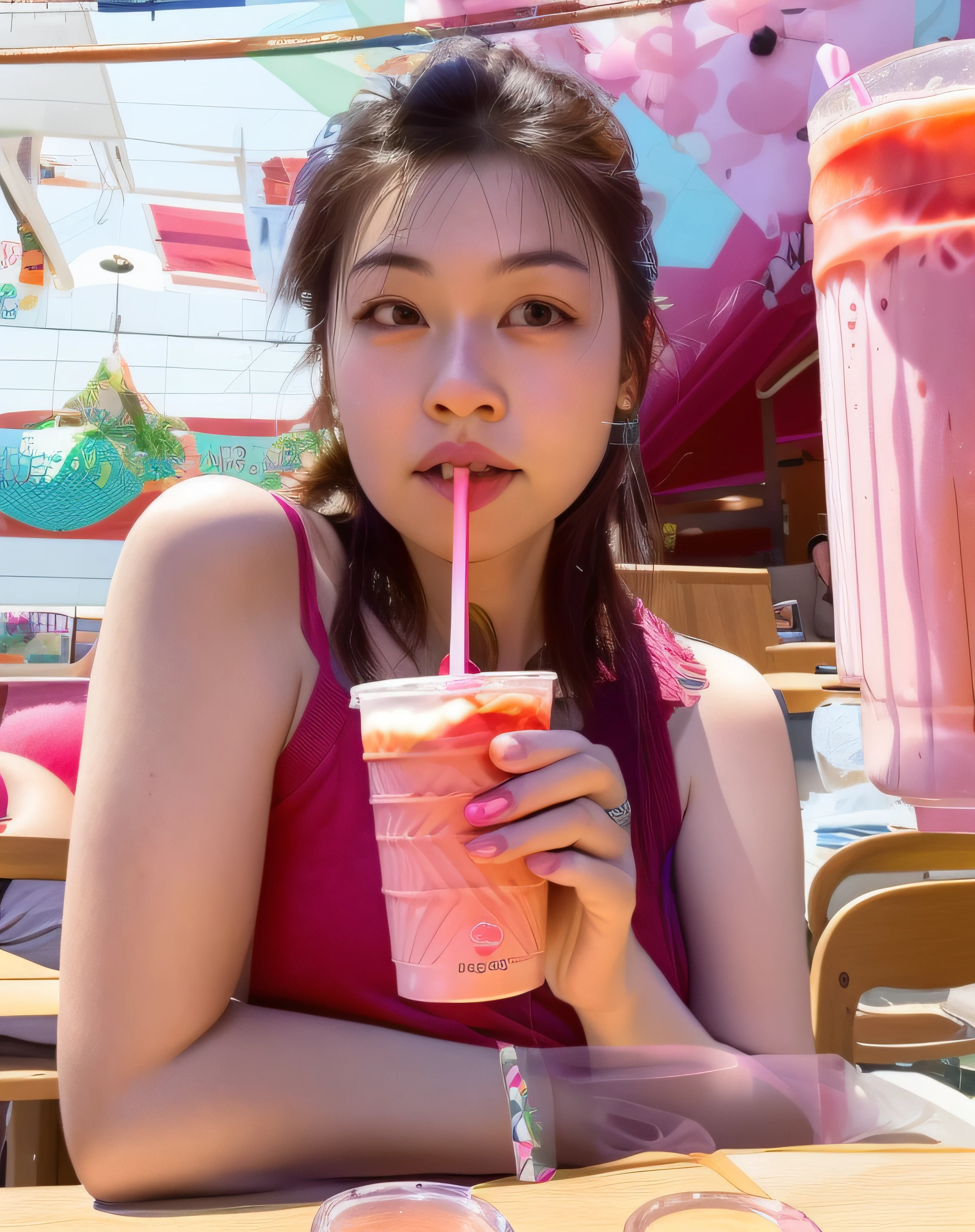 there is a woman sitting at a table drinking a drink, drinking a strawberry iced latte, with a straw, 🤤 girl portrait, drinking boba tea, taken with sony alpha 9, with a drink, wenfei ye, xintong chen, straw, soda themed girl, shot on nikon z9, f / 1. 9 6. 8 1 mm iso 4 0