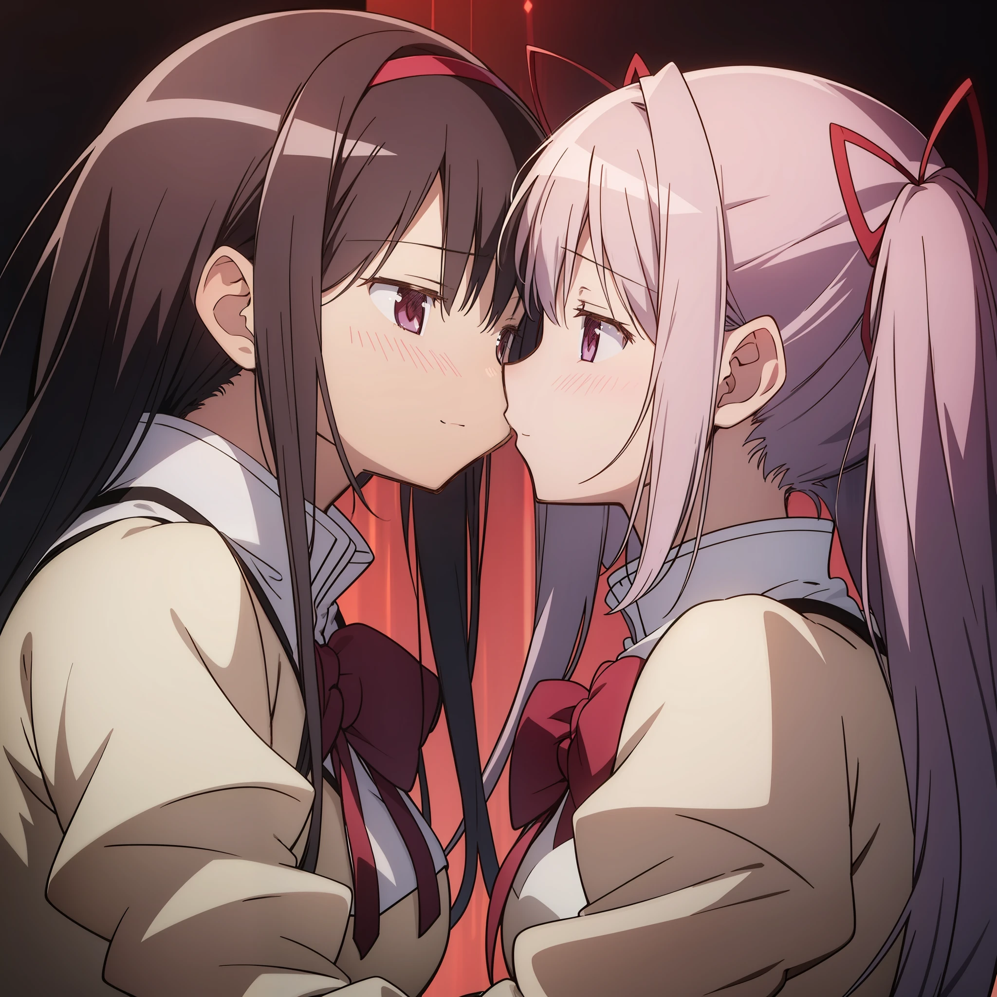 "Homura Akemi and Madoka Kaname passionately kissing, showcasing intense emotions and deep love between the two, creating a beautiful and powerful moment. 2girls."