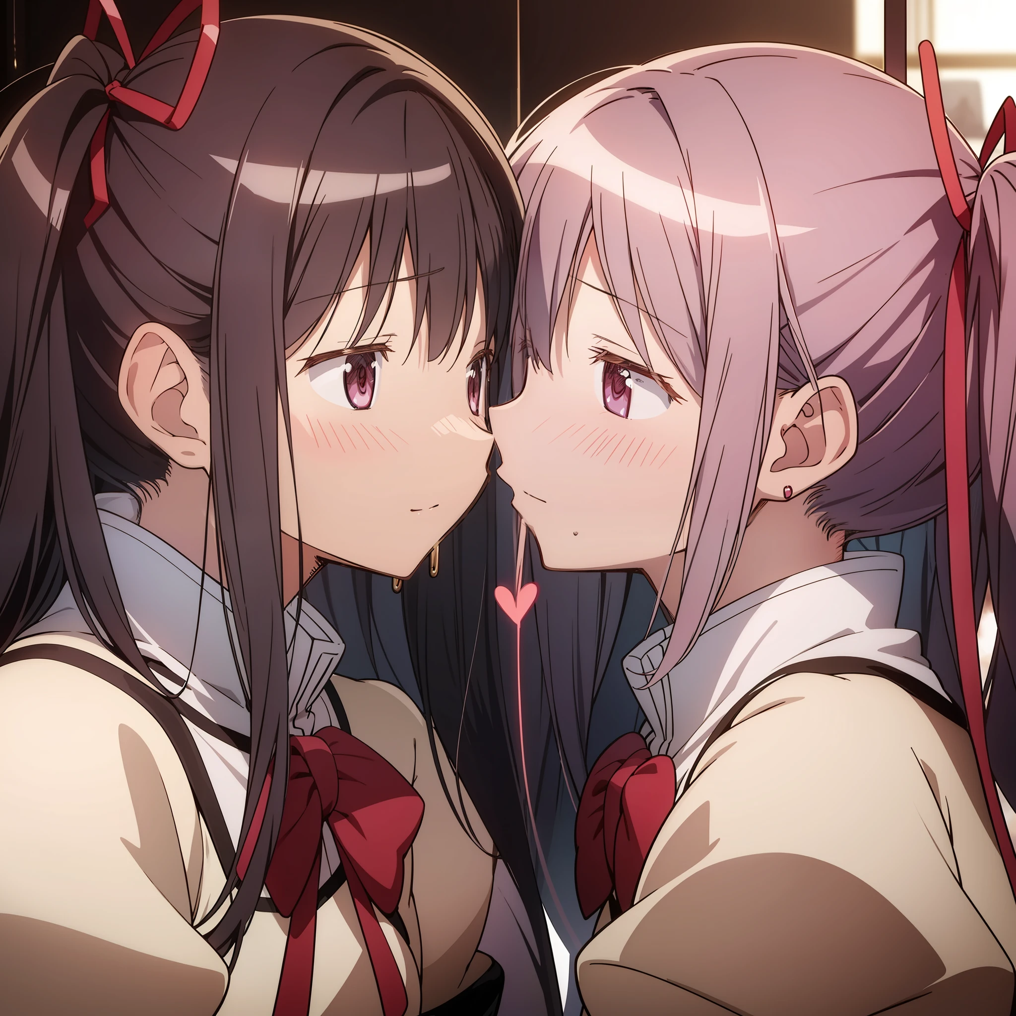 "Homura Akemi and Madoka Kaname passionately kissing, showcasing intense emotions and deep love between the two, creating a beautiful and powerful moment. 2girls."