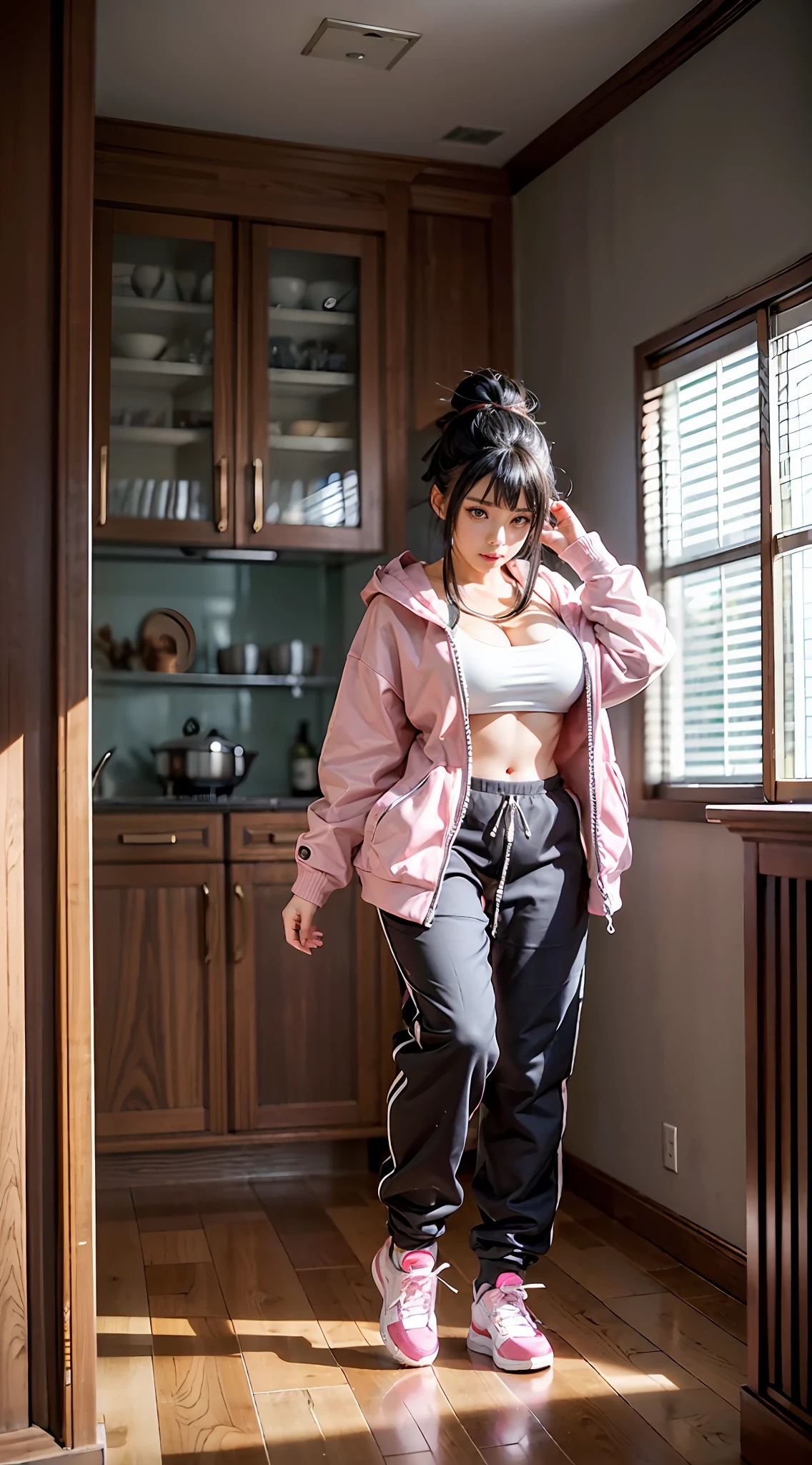 hinata hyuga from naruto，Bangs that cover the forehead，White eyes，Pink plush zipper autumn coat，Black sweatpants，crisp breasts，long leges，Particularly large swollen breasts，（Highlight particularly large round breasts），fully body photo，full-body portraits，