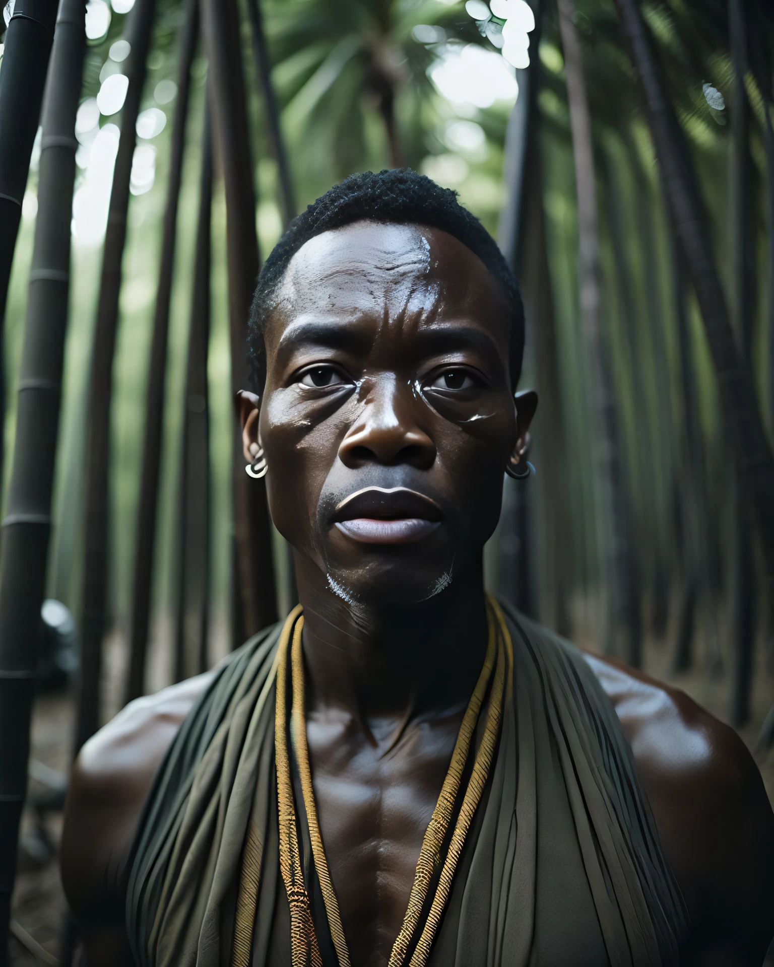 Masterpiece, best quality, photography, film still, Split lighting portrait of a tribe chief in the bamboo, close up, volumetric lighting, dark atmosphere