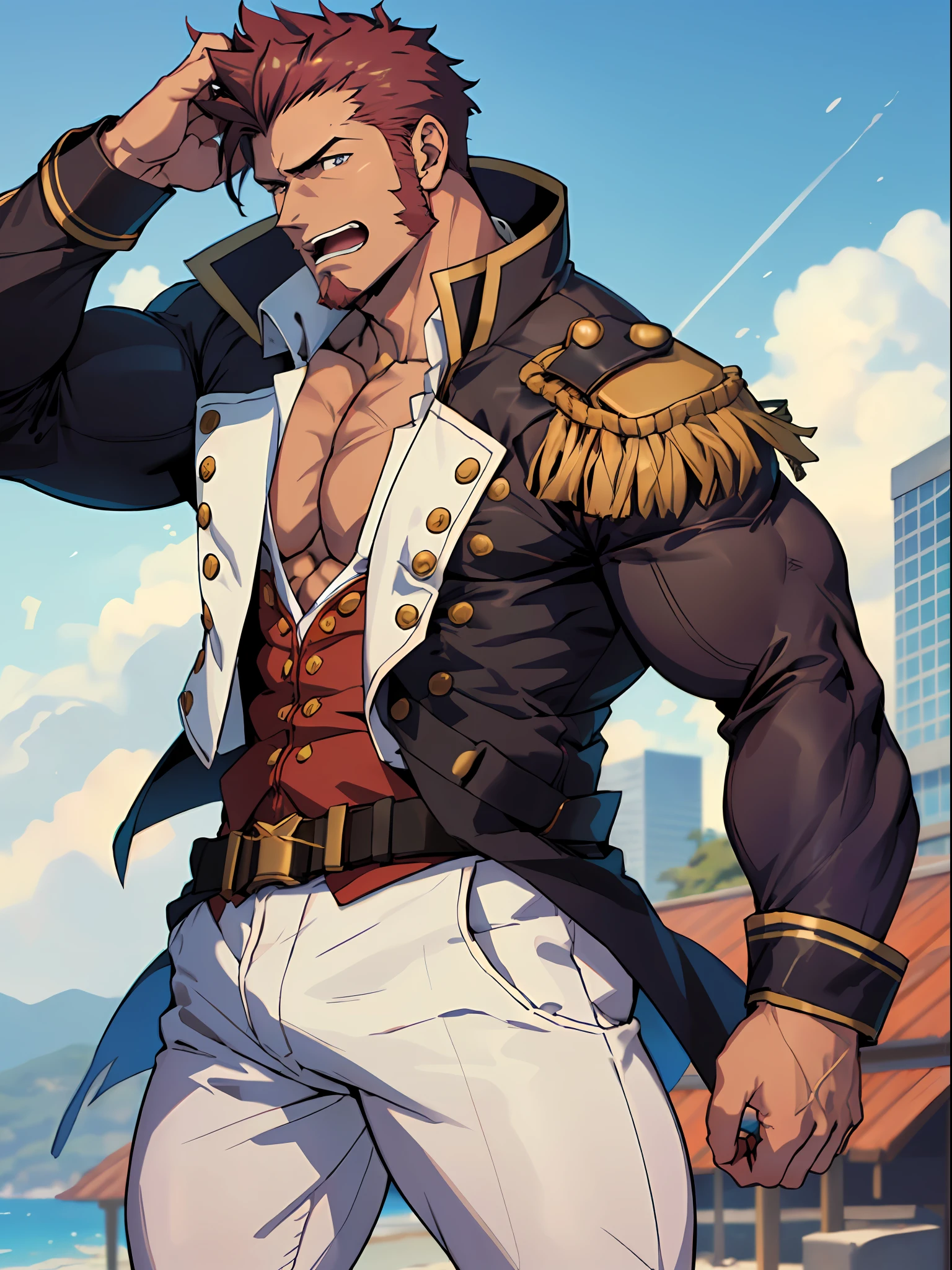 ((passionate, romantic),(bara hunk with bulging muscles and rugged features, anatomicly correct),(best quality anime fate)),  Napoleon Bonaparte from Fate,