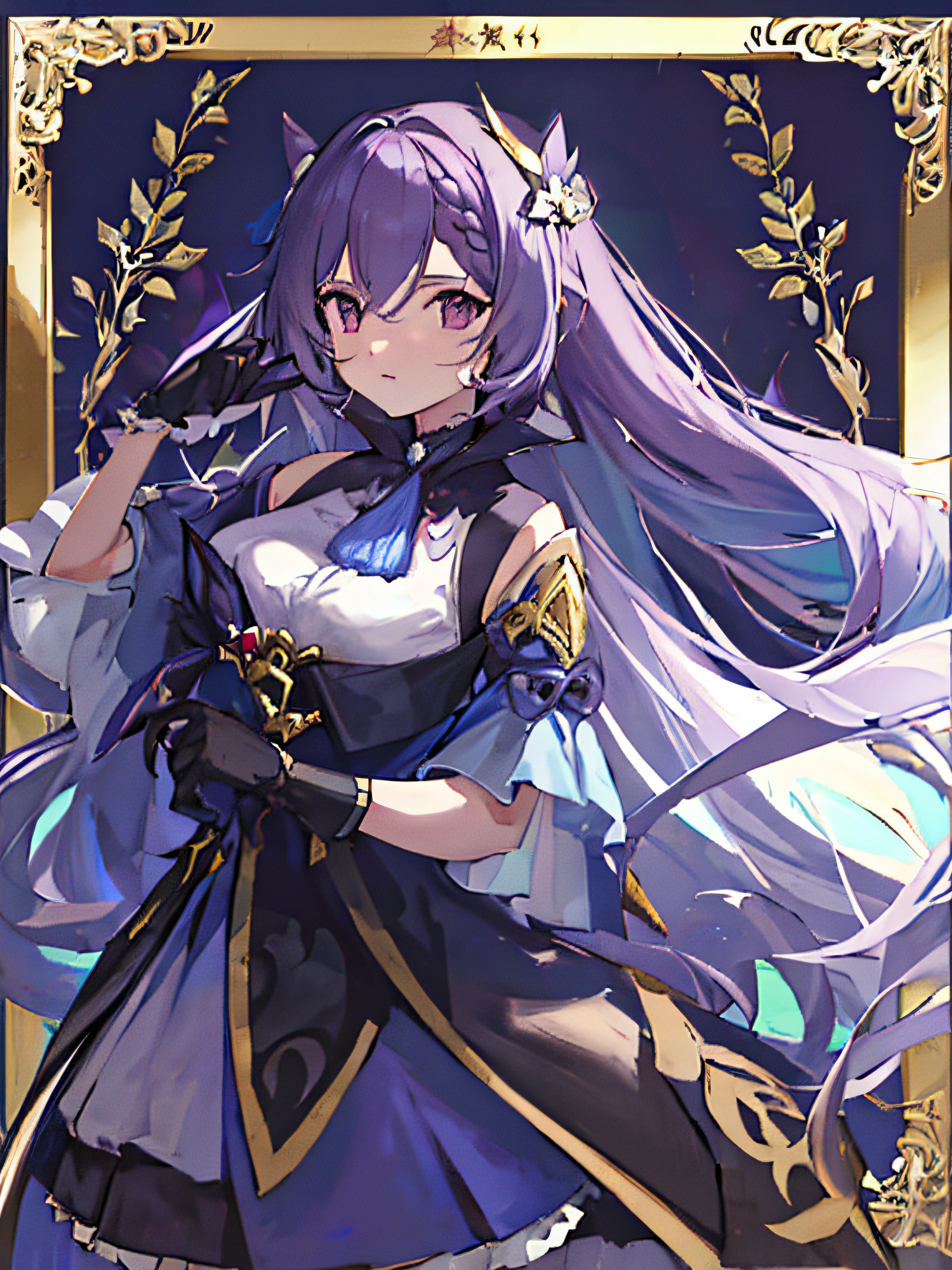 ((masterpiece, best quality)), close-up, straight on, face focus,((1 girl)), {long hair}, ((big breasts)), standing, hair ornamen, gloves, (incredible abronousity),Gold-plated frame，（detailedlight），lamplight，Colorful，Hierarchical background，（Gorgeous background），dynamic angle，Delicate background，（shine），Guest Secretary\（genshin impact\），dual horsetail，Purple hair High-rise buildings