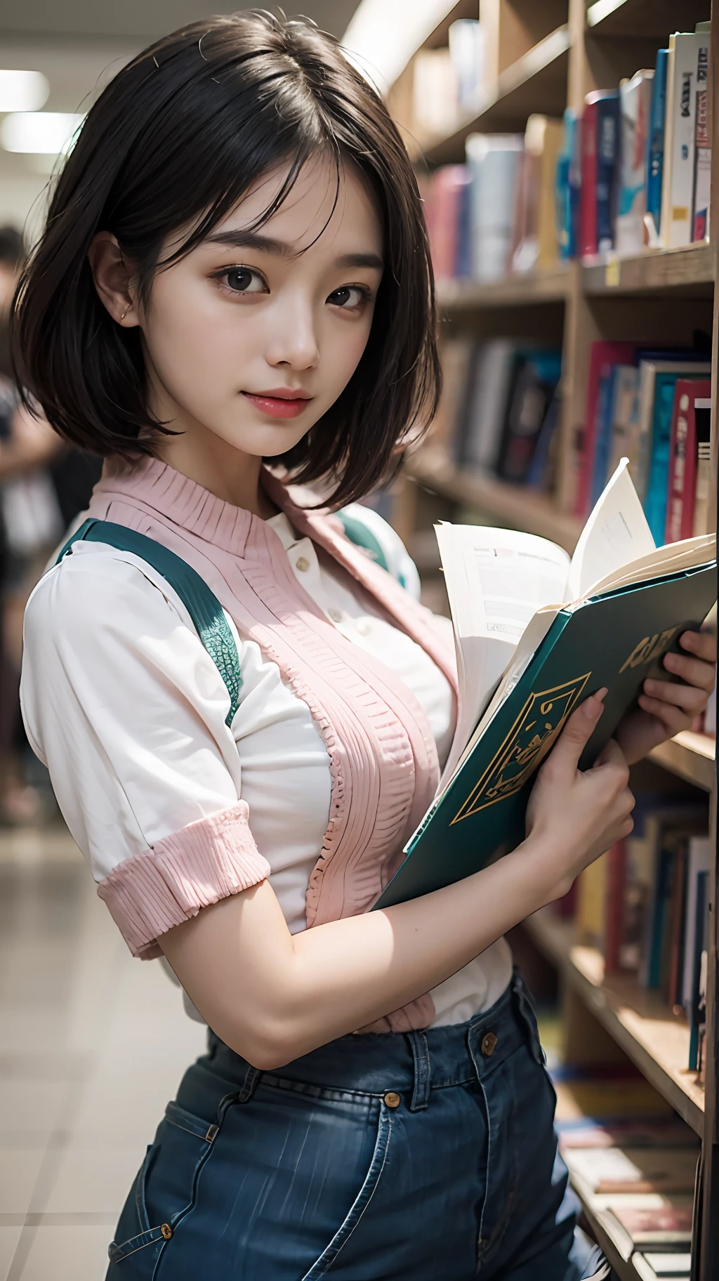 tmasterpiece，super high image quality，真实感，Three-dimensional feeling，physically-based renderingt，8K，A female high school student，Chinese face，adolable，Short black shoulder-length hair，Slightly messy hair，slightly red face，Delicate facial features，Casual urban attire，Dress generously，Medium height，with a good figure，In a bookstore，The background is real，Holding a book in one hand，ssmile，Toothy，Look ahead，Front Shooting，Not revealed，with whole body visible，SLR shooting