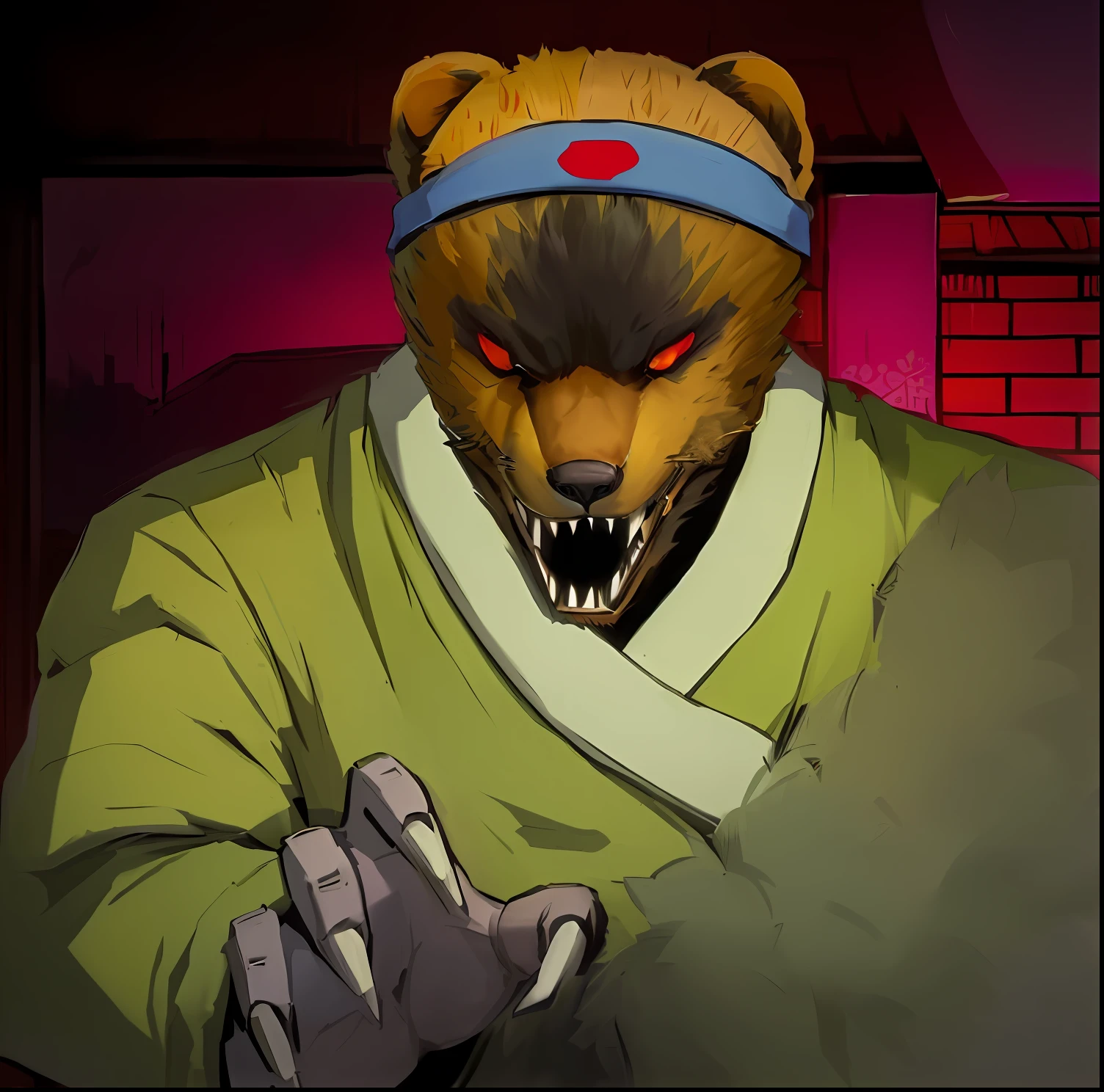 Close-up of cartoon bear with headband, anthropomorphic samurai bear, Master split, black bear samurai, from hotline miami, moon bear samurai, inspired by Zhu Da, hotline miami, anthropomorphic racoon, tabaxi monk, Akira in Chinese mythology, portrait of anthropomorphic bear, jamie hewlett art,Behind dragged a yellow tail