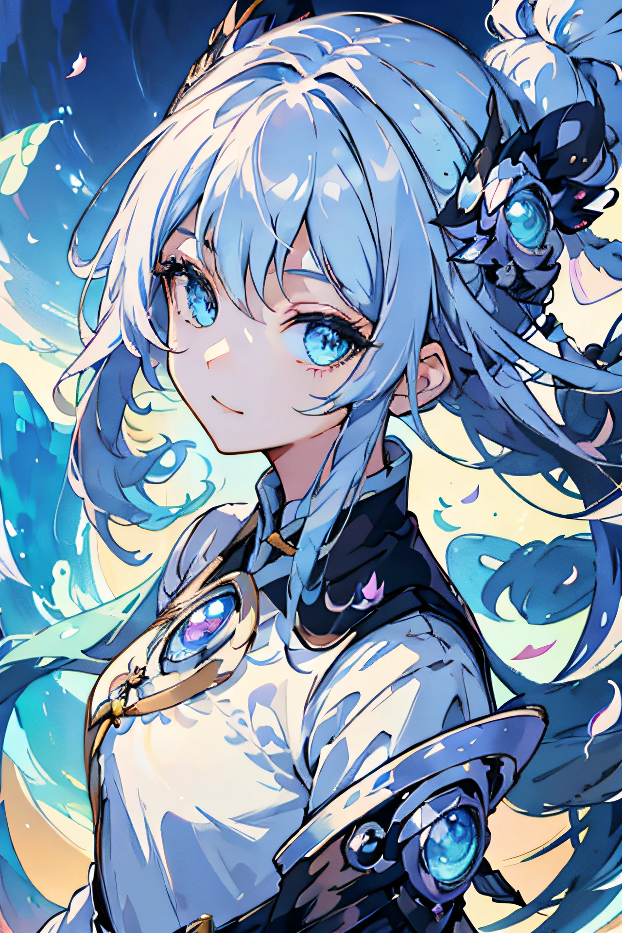 cute female  ，Half-body diagram，Cyan eyes，A slight smil，Eyes narrowed slightly，Very cute laugh，Laugh cutely，Blue-white hair color，Floating hair，Long hair flying，Delicate and agile eyes，Half-body diagram，Intricate damask hanfu，Xiang Guan smiled sweetly，Petals flying，f/1.8，tmasterpiece，blue-sky，Petals flying，Chang'e，Side lighting，The sun shines on people，8K，(Smile:1)，(Masterpiece,top-quality,best qualtiy,offcial art,Beauty and aesthetics:1.2),(1girll:1.3),Long hair,extremedetailed,Colorful,highestdetailed,(watercolor paiting:1.2),opticalmixing,playfulpatterns,livelytexture,richcolors,unique visual effect