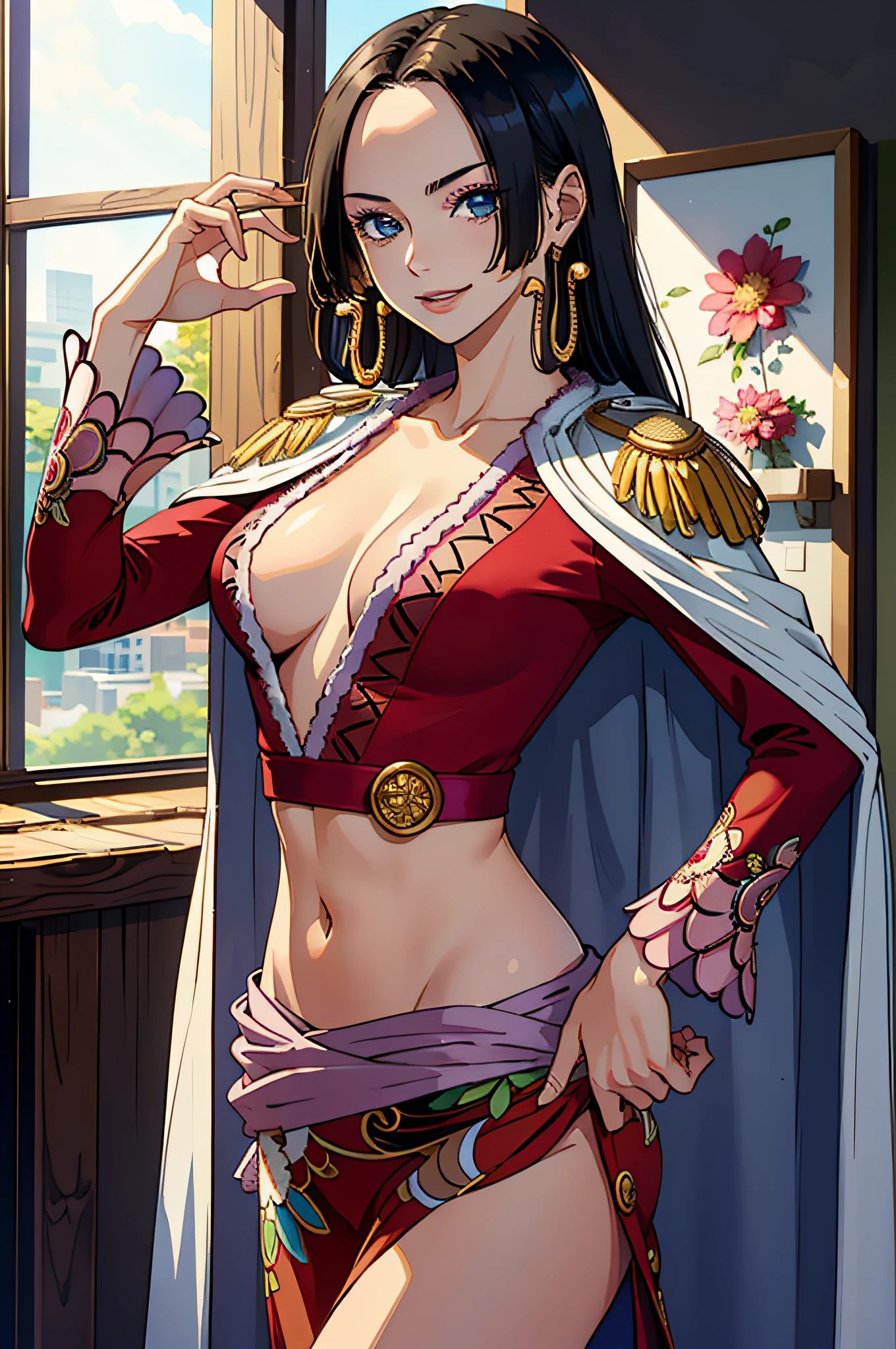 (masterpiece, best quality:1.2), cowboy shot, solo, 1girl, boa hancock, smile, looking at viewer, hand on hip, cape, epaulettes, cleavage, jewelry, earrings, midriff