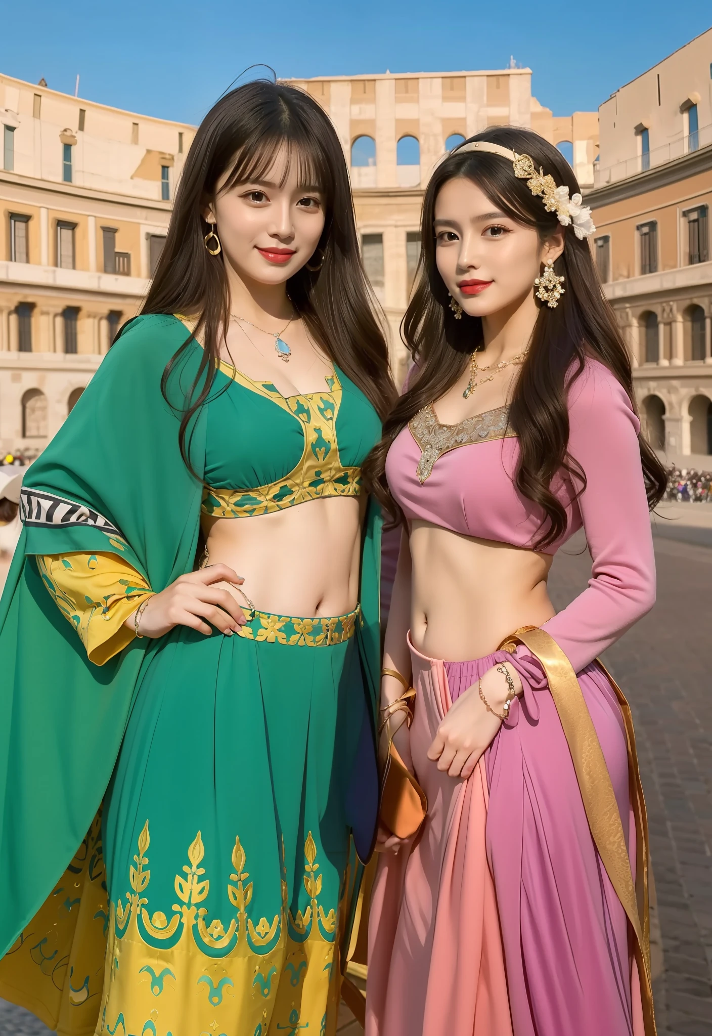 masterpiece, 4K, best quality, FELute, necklace, purple dress, (on the St. Peter's Square of Vatican,crowd,navel),bracers, cowboy shot, looking at viewer, smirk, hand up