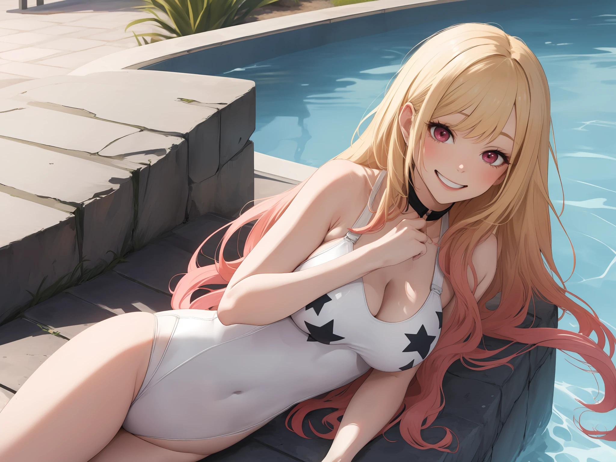 masutepiece, 1womanl, ((Solo)), of the highest quality, Hi-Res, cleavage, ((Star print one-piece white swimsuit)), Large breasts, Red Eyes, blond hair , in poolside, light smile