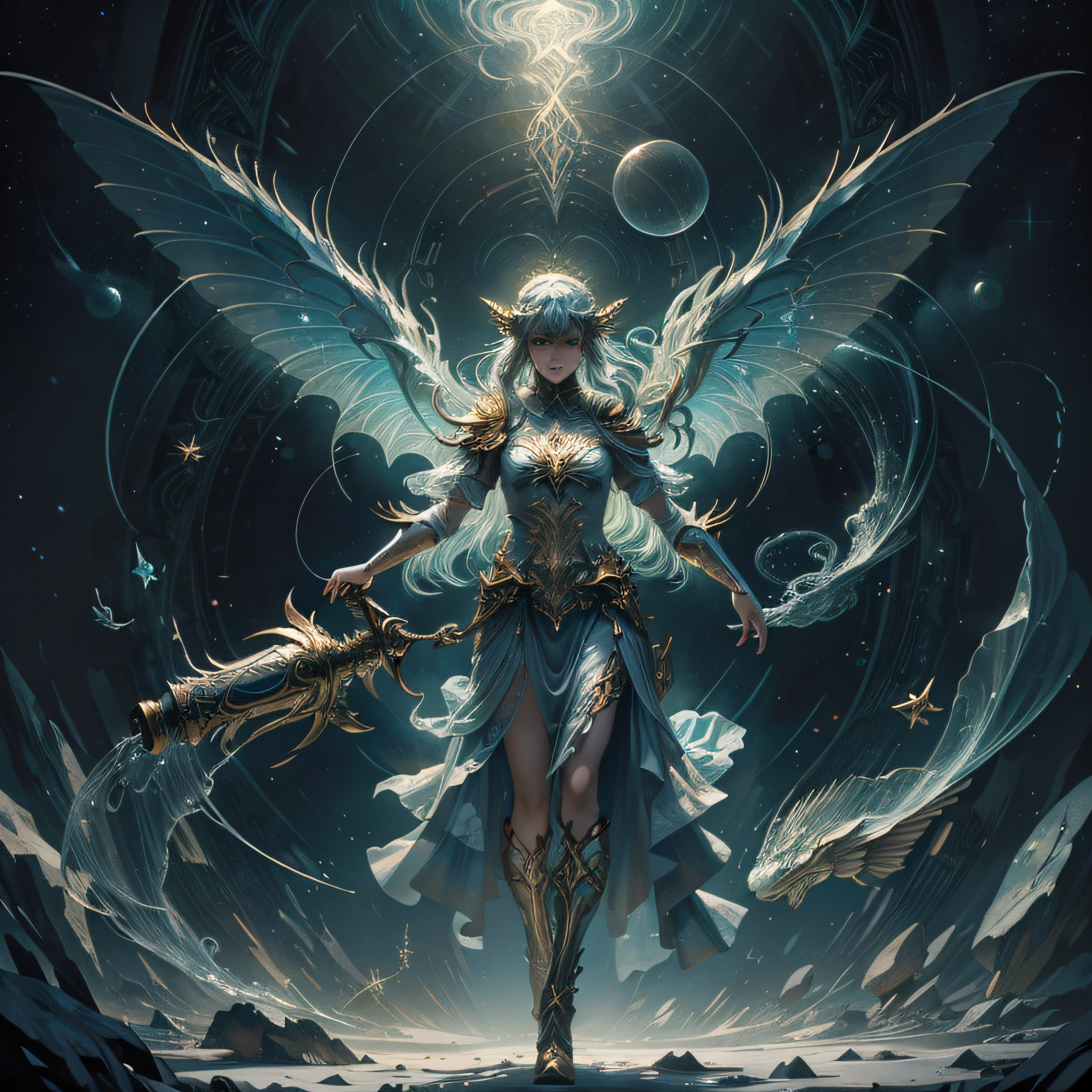(A high resolution), (8K), (extremely higly detailed), (Most Best Illustration), (best qualtiy), (ultra - detailed), (tmasterpiece),Zodiac sign Aquarius,faeries,A bottle,Light painting line art glowing edge line minimalist holographic lighting