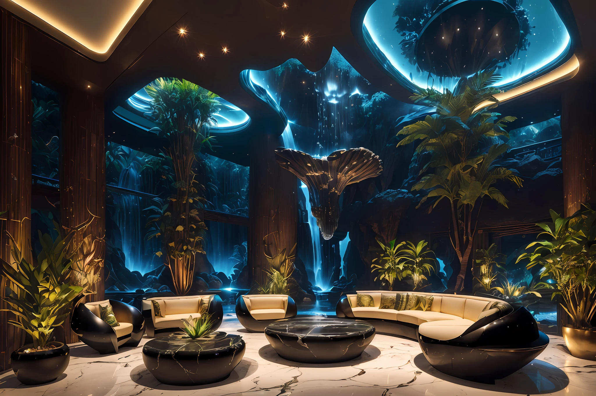 Amazing Black Luxury Futuristic Interior Living Room in Ancient Egyptian Style with Many (((Plantas exuberantes))) (lotus flowers), ((Palmeiras)), ((brazi, flores e plantas africanas)), (((Flores lindas))), paredes rochosas, ((areia)), ((waterfalls)) (marble), ((minerais preciosos)), ((metal)), (Pedras preciosas), Cristais, nuvens e ((((water)))), ((curvy futuristic furniture)), (hieroglyphs), ((brazi, flor, plantas feitas de pedras preciosas e minerais preciosos e luzes)), Crocodilos, (((Ultra Luxo))), (black marble) – with ((belas luzes)), Motor irreal, QG, 16k