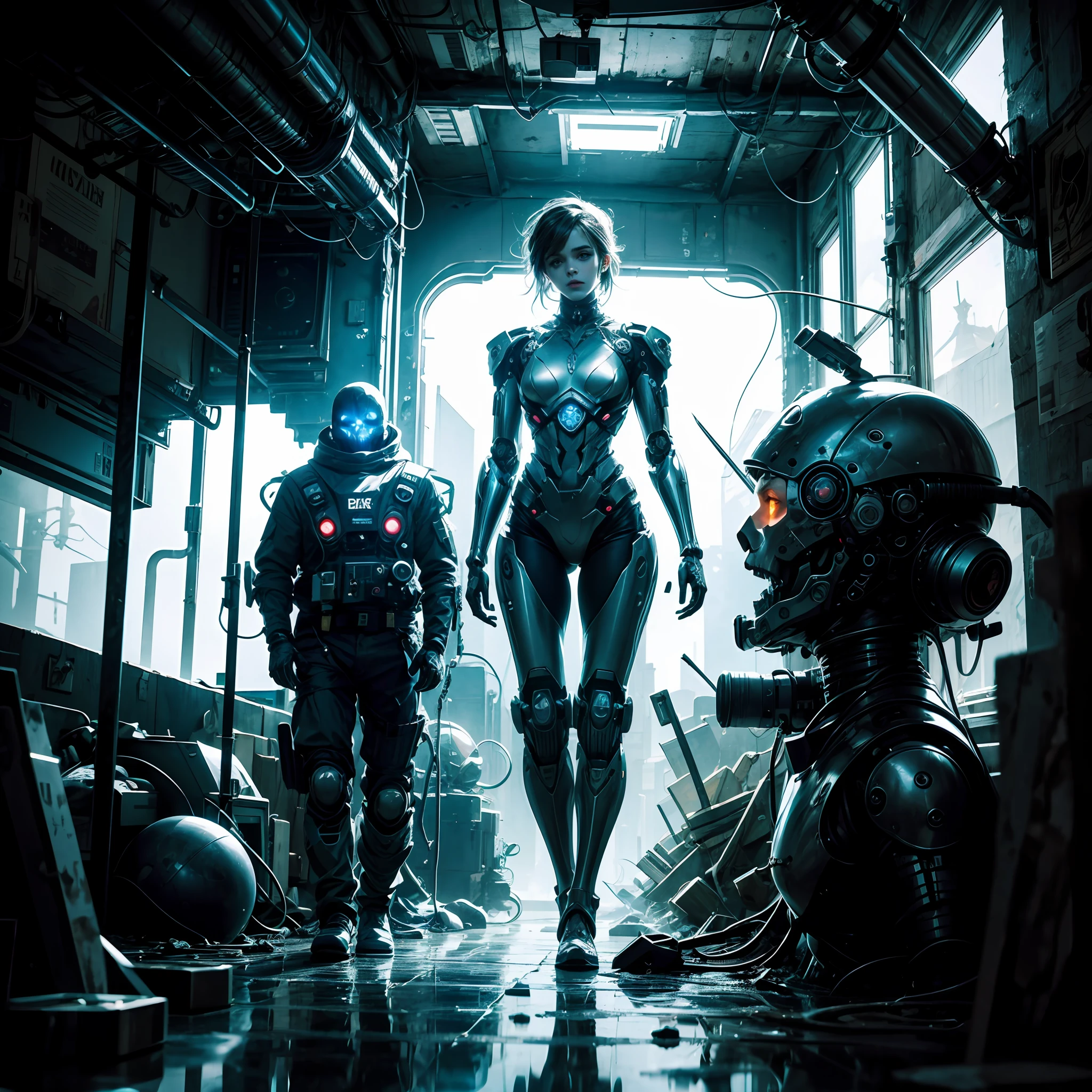 a hauntingly beautiful teen emma watson as a cyborg girl emerges from the shadows. Her once vibrant and youthful features are now marred by the unmistakable signs of mechanical parts, creating a striking juxtaposition of ethereal beauty and the technologic. Her flesh, shiny and metallic, clings her athletic body.
She walks the desolate space station, a sci fi world in ruins. abandoned robots stand as grim reminders of a bygone era, their skeletal remains a backdrop to the eerie atmosphere that surrounds her. Glowing eyes, an eerie luminescence piercing the darkness, accentuate her supernatural presence. The pale light that emanates from her skin casts an otherworldly glow, evoking a sense of melancholy and otherworldly allure.