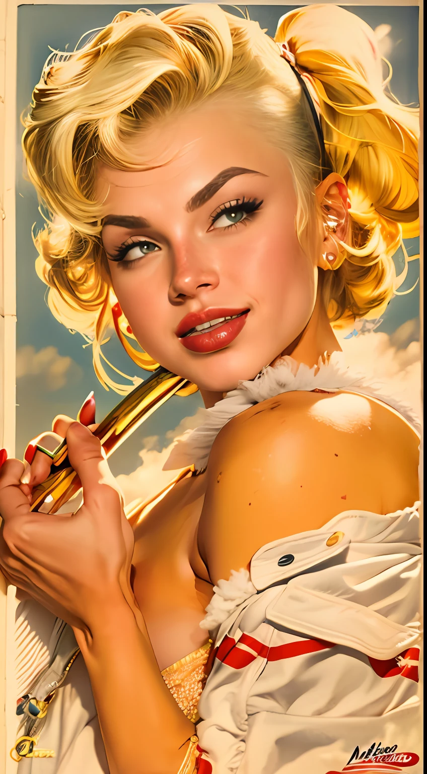 obra maestra, mejor calidad, 4k, ((al estilo de Gil Elvgren o Alberto Vargas)), ((Android-18 DBZ,))red lipstik, lunares, Moda vintage, Pantalones cortos de cintura alta, Tapa recortada, cabello amarillo ondulado, Chica pinup de 1950s, competencia de surf