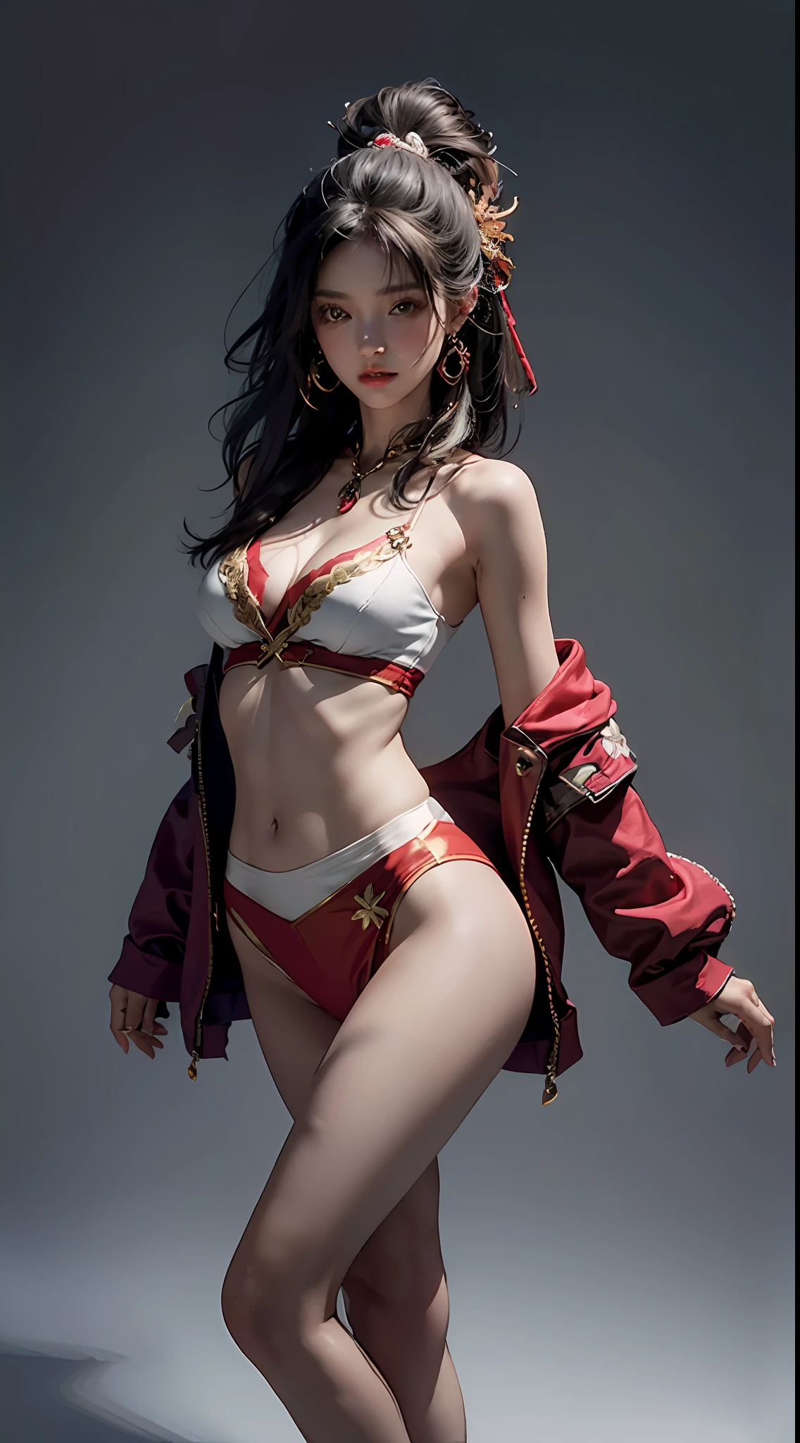 elaborate shrines as background, white and red color Miko outfit, head and full body, Extremely cute human eighteen year old girl, bare legs, very beautiful and feminine, short, petite, beautiful breast, small, busty buttocks, large bust, large breast, bare legs, bare legs, cleavage display, flat belly display, detailed eyes, detailed nose, super detailed on face, partial accessory with earring on the ear, very stylish, award-winning product design, tights, bare legs, Shiny breast top opens at the cleavage and abdomen, stylish, glowing trims, atmospheric perspective, 8k, super detail, Accurate, best quality,