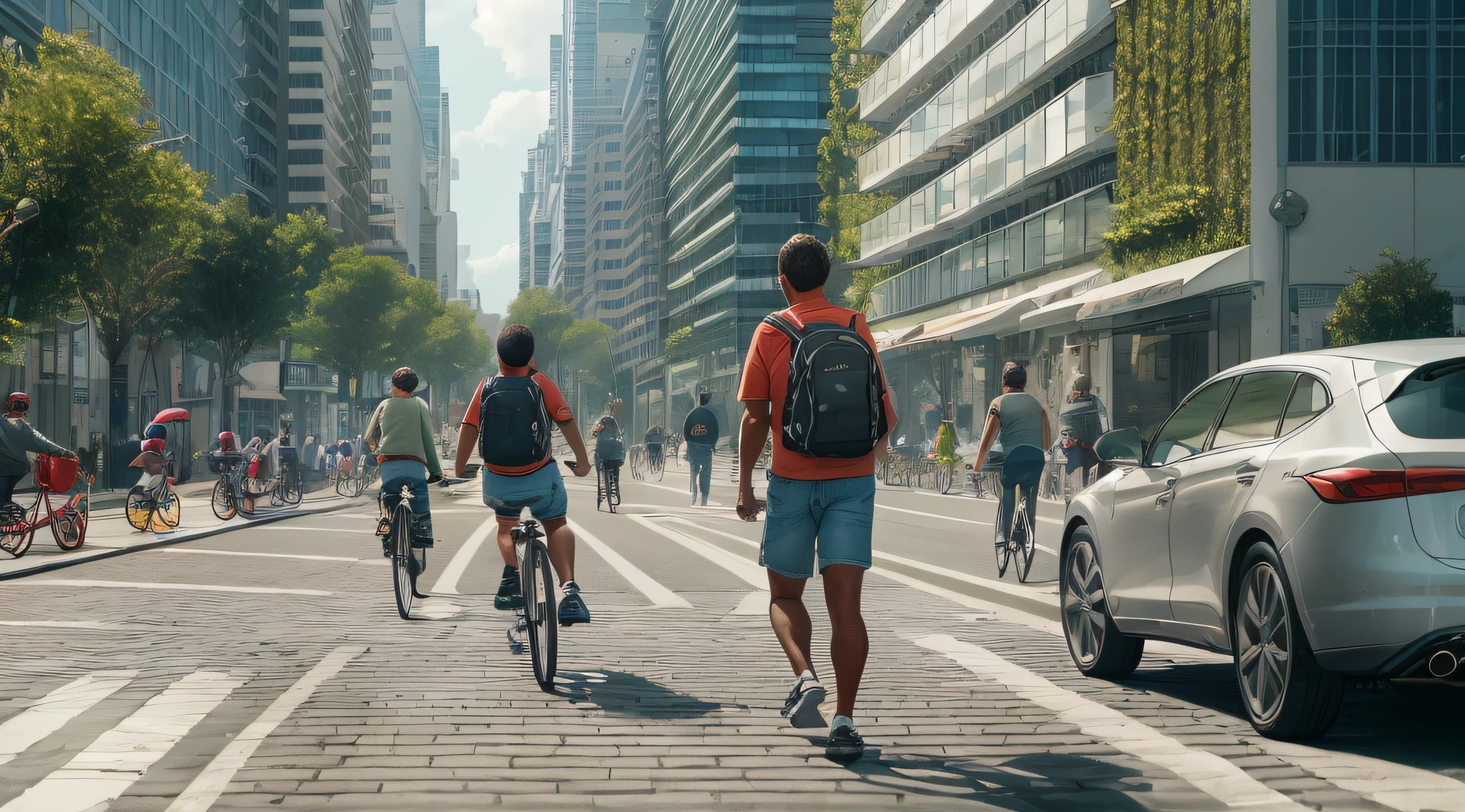 uma movimentada rua da cidade cheia de pessoas de corpo em detalhes perfeito. caminhando e andando de bicicleta. The street is flanked by tall buildings, criando uma atmosfera futurista. There are countless people walking down the sidewalk, algumas carregando bolsas e mochilas. Some individuals are riding bicycles, Increasing the scene realistic image in cinematic 4K.