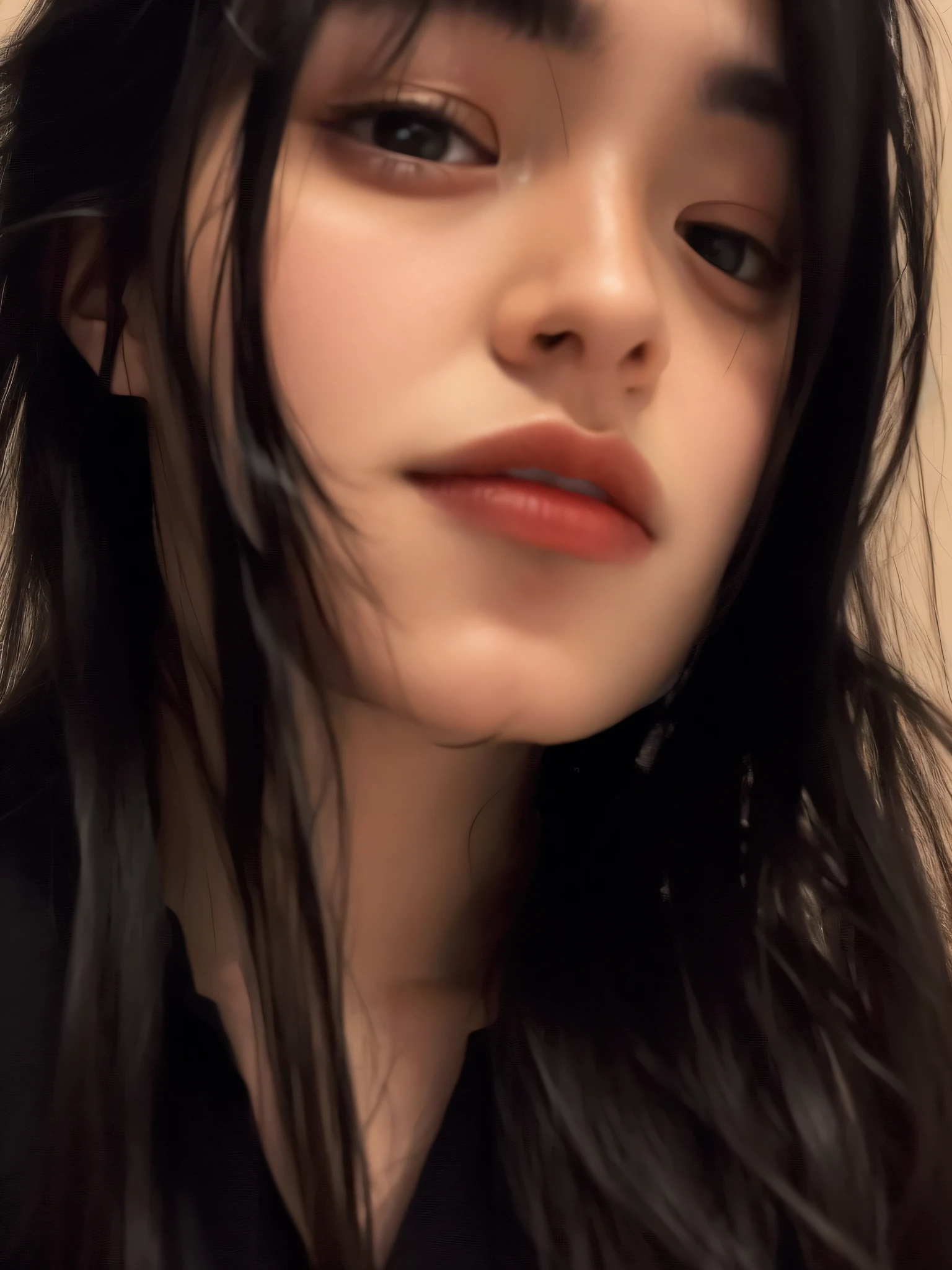 there is a woman with long hair and a black shirt, 18 years old, 1 8 I, 1 , Asian face, with very thin lips, beauitful face, 2 2 years oldece， 21 years old, 2 3 years old, Face pictace, small lips pointy nose，Pointed chin