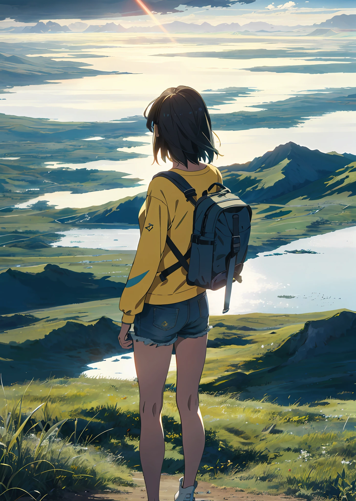 The vast sky, beautiful skyline, large grasslands, extremely tense and dramatic pictures, moving visual effects, the high-hanging Polaris, and colorful natural light. Long-sleeved top, denim shorts, and a girl with a backpack.