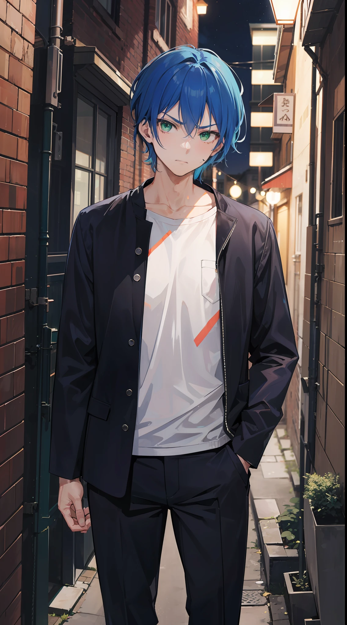A man, blue hair and green eyes, sharp short hair, wearing a casual cloth, standing in a narrow alley alone, night, badass, mascular, his face is dark